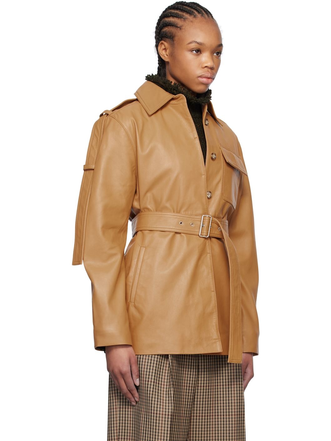 Tan Belted Boxy Leather Jacket - 2