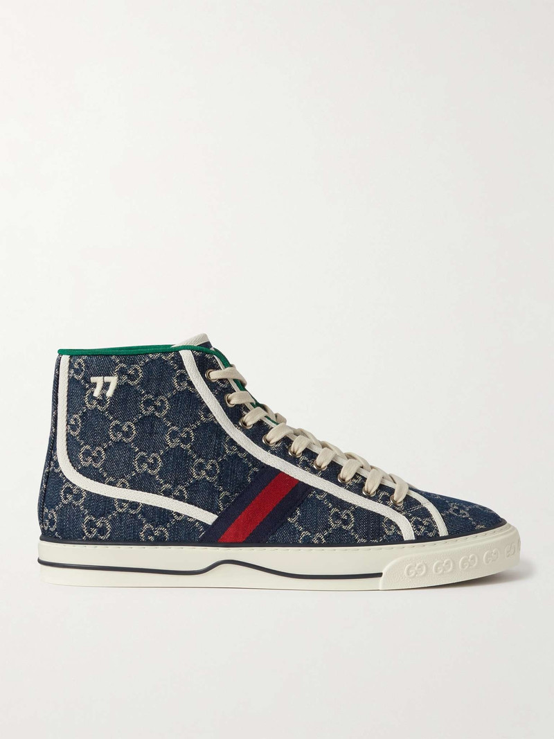 Tennis 1977 Webbing-Trimmed Monogrammed Denim High-Top Sneakers - 1