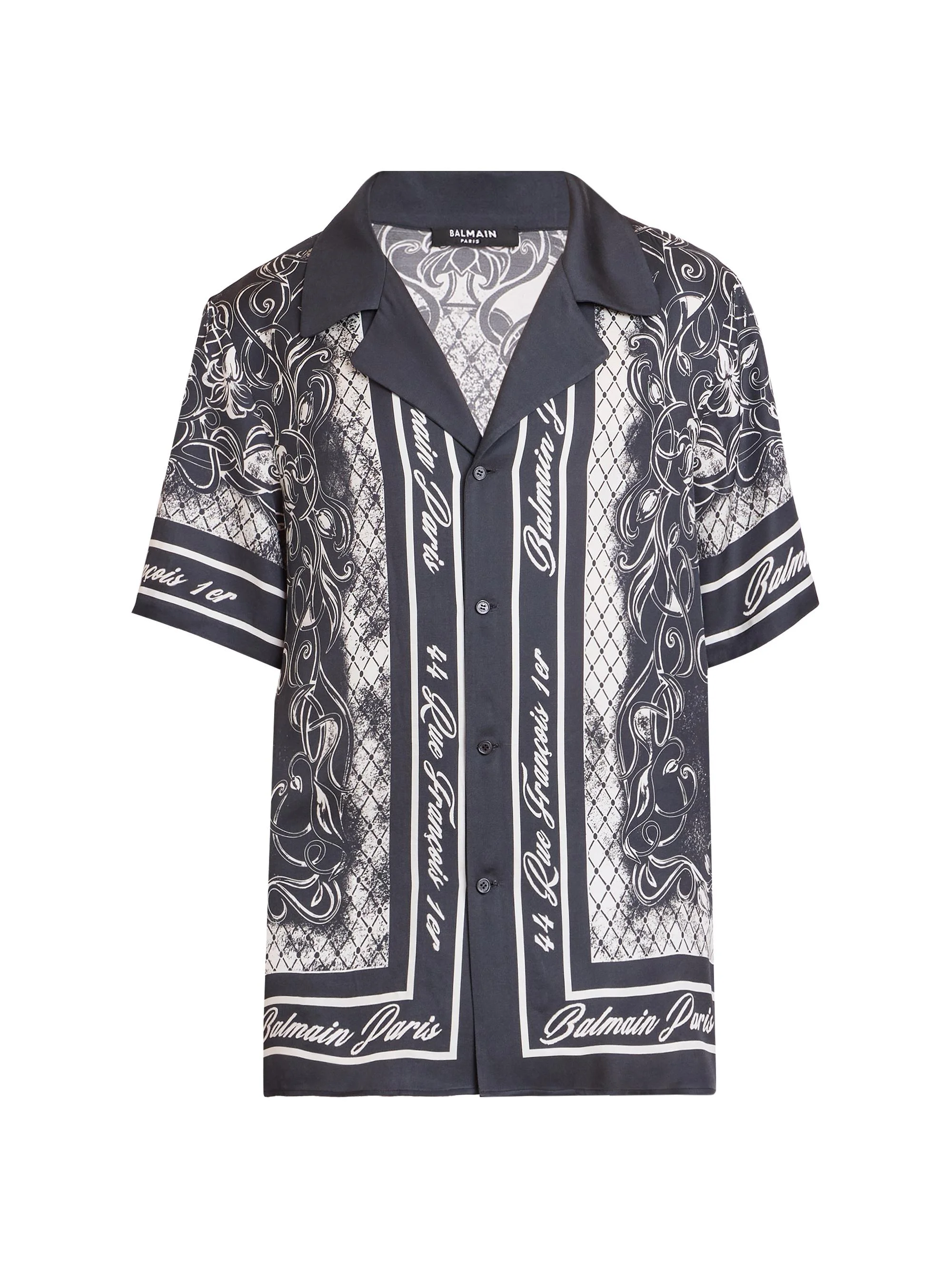 Men's Foulard Satin Camp Shirt - Gris Fonce Blanc - 1