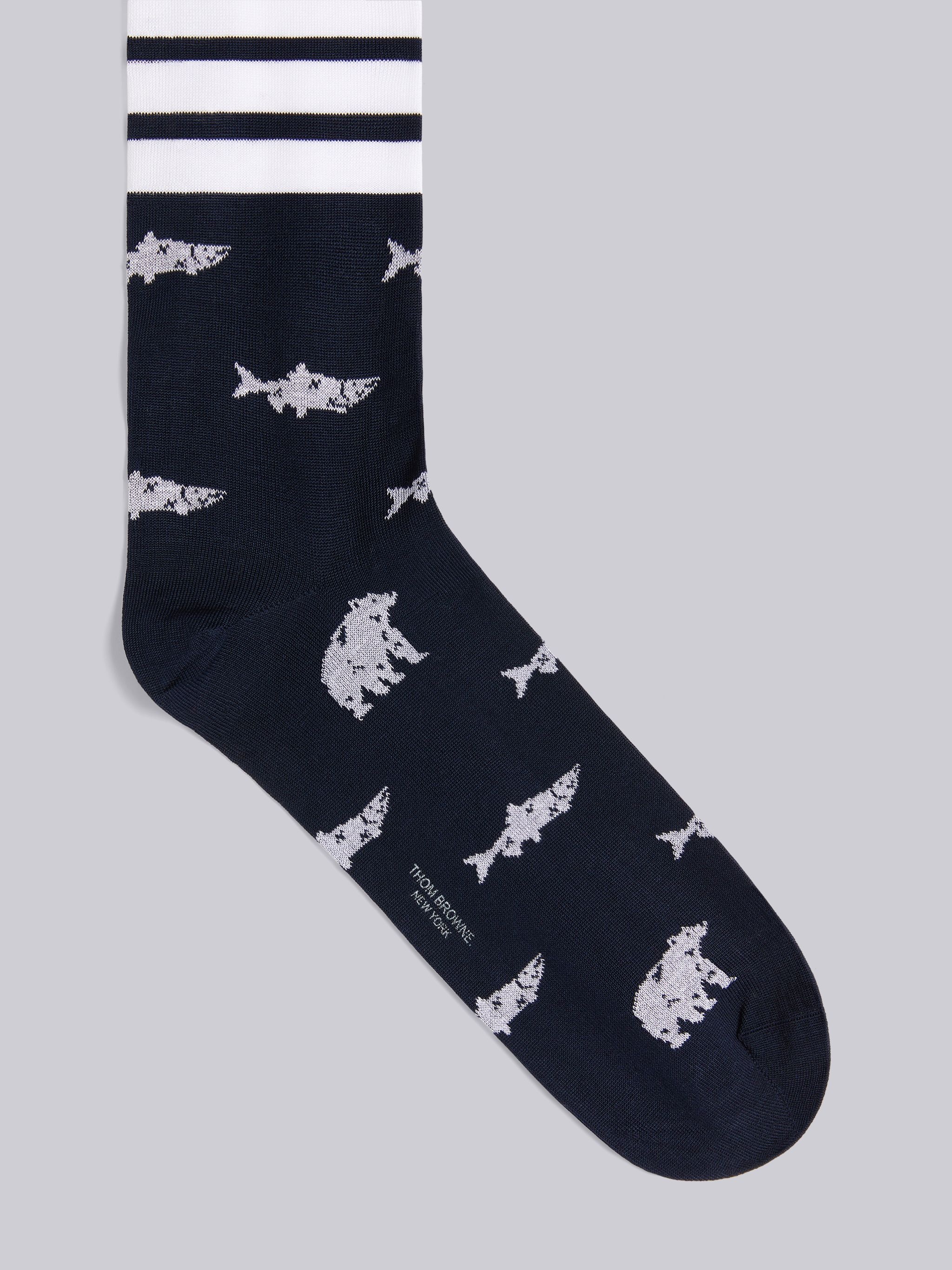 Navy Mercerized Cotton Bear and Salmon Half Drop Intarsia 4-Bar Stripe Mid-calf Socks - 2