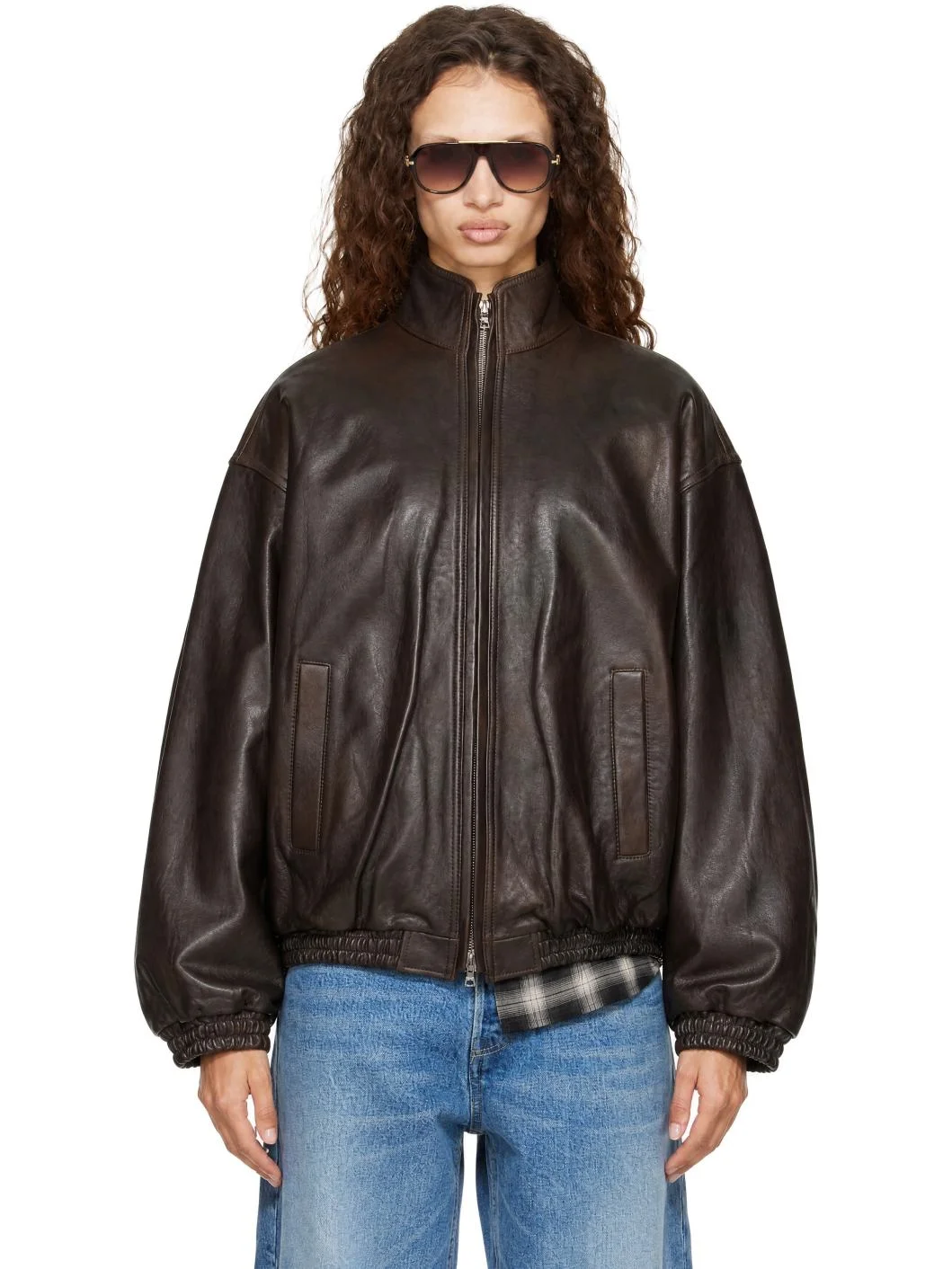 Brown Stand Collar Sheep Leather Jacket - 1
