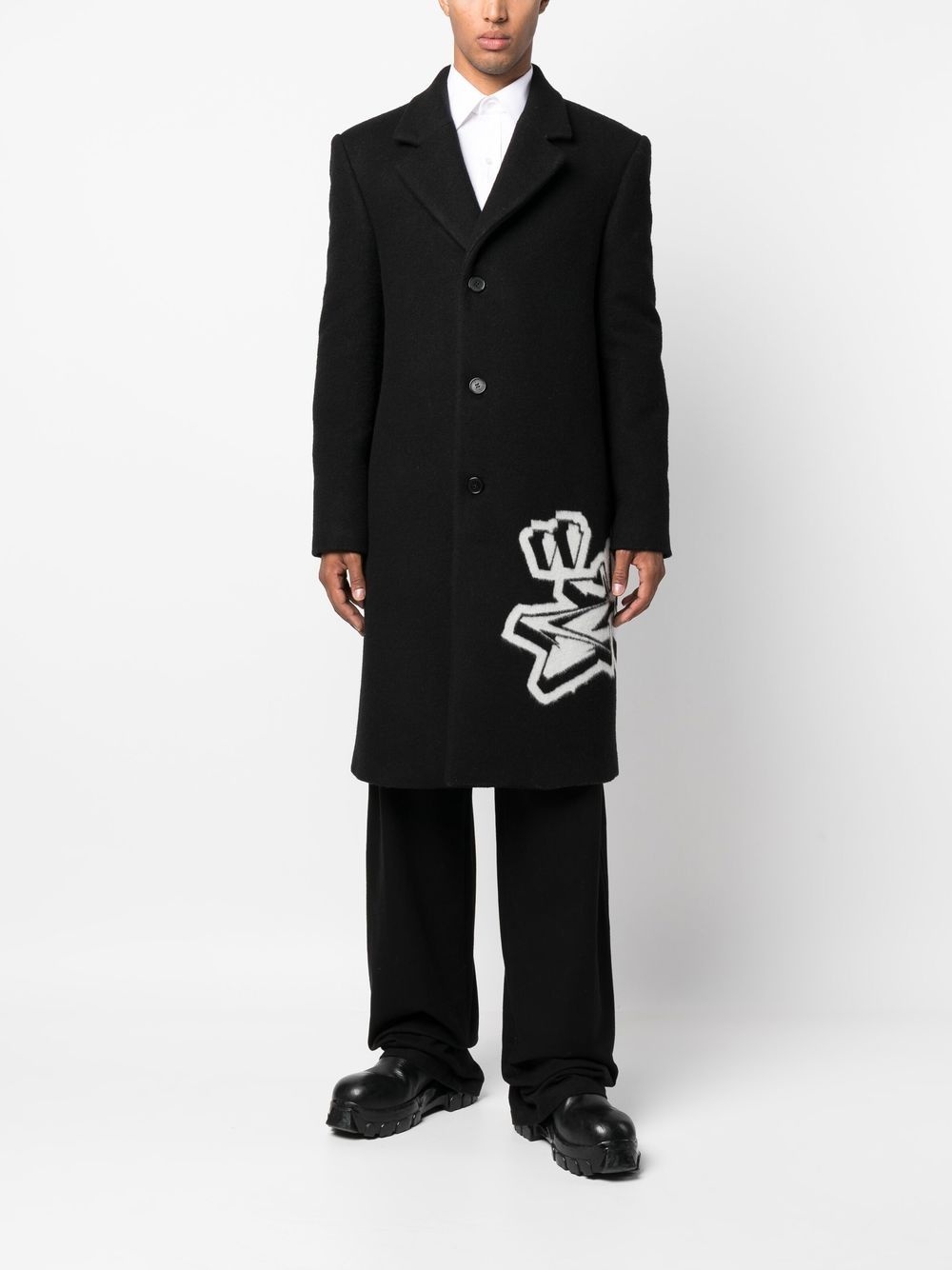 intarsia-graffiti logo single-breasted coat - 2