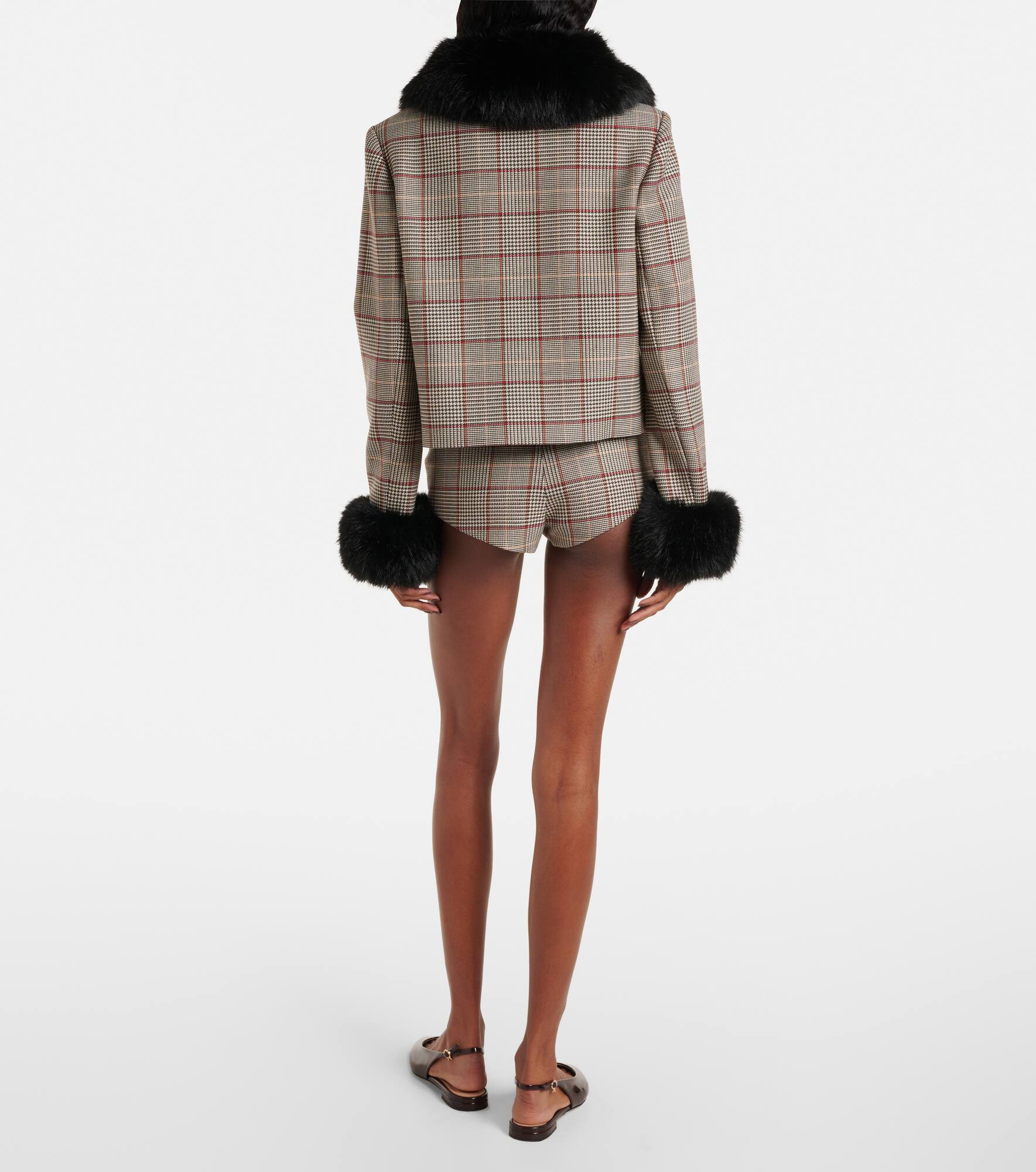 Checked faux fur-trimmed jacket - 3