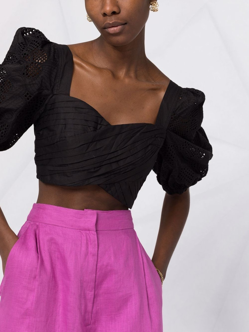 lace puff-sleeves crossover cropped top 5