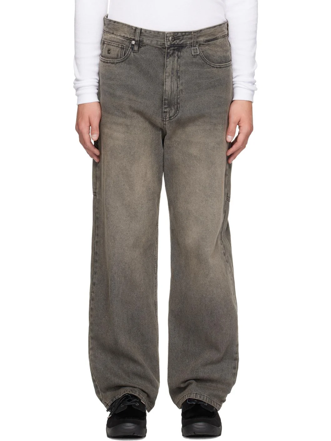 Gray Straight Ribbed Denim Jeans - 1