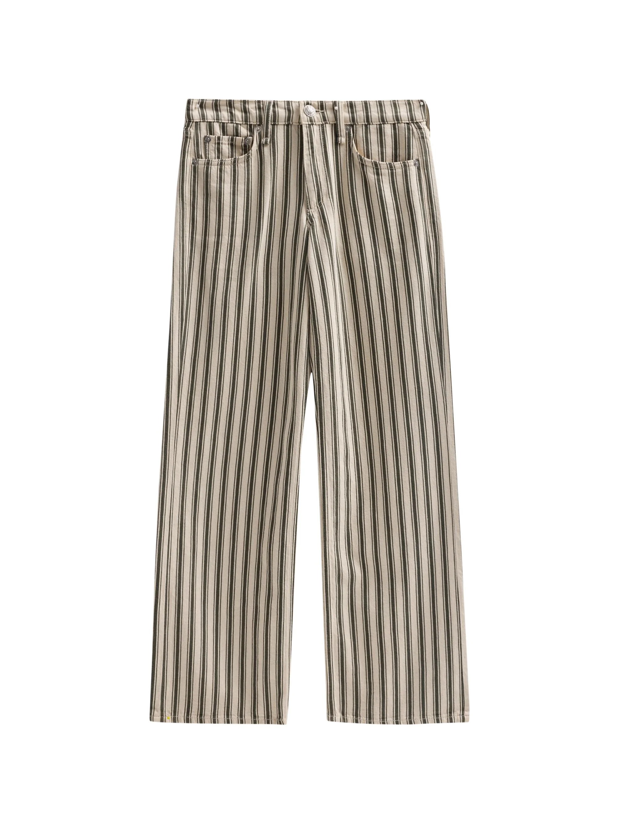 Women's Striped Cotton-Linen Straight-Leg Jeans - Forest Green Stripe - 1