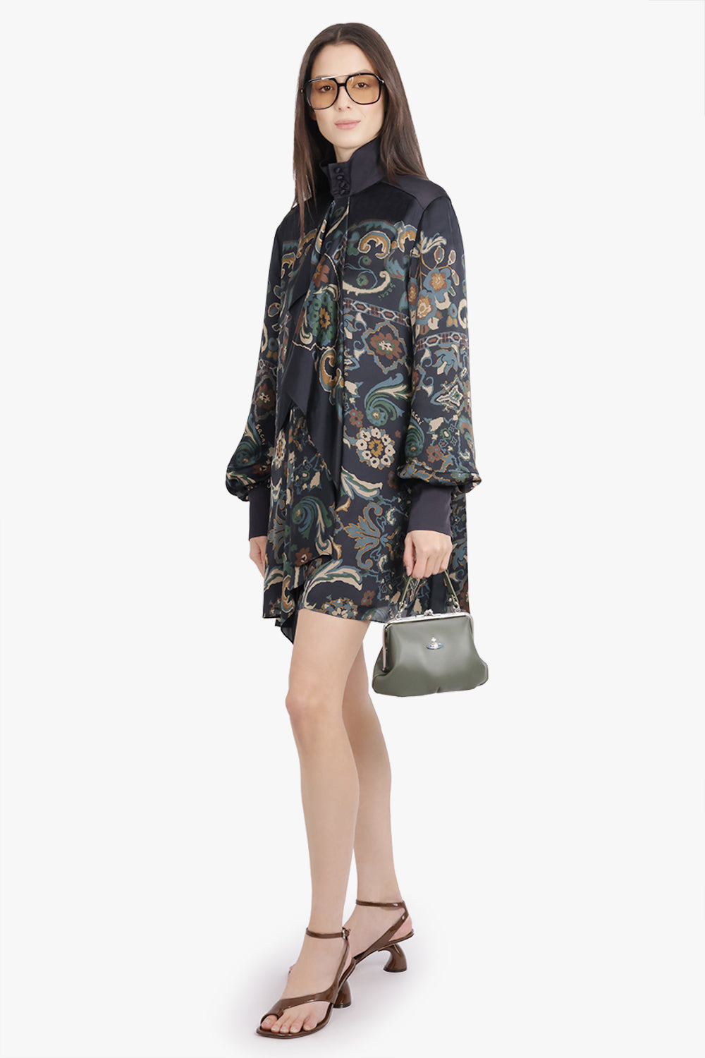 SCARF L/S FLORAL PRINT HIGH NECK DRAPE MINI DRESS | NAVY/MULTI - 2