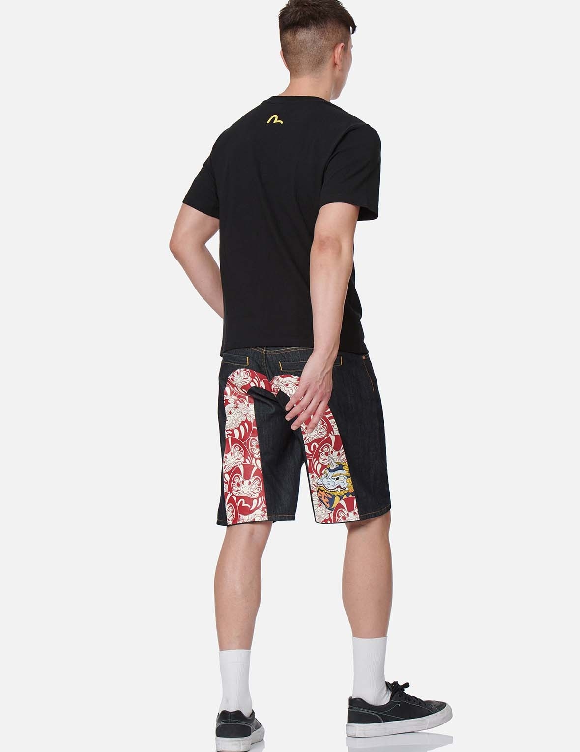 DARUMA BUDDIES PATTERN DAICOCK PRINT DENIM SHORTS - 5