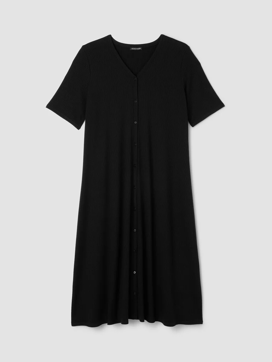 Ribbed Knit V-Neck Dress - 1