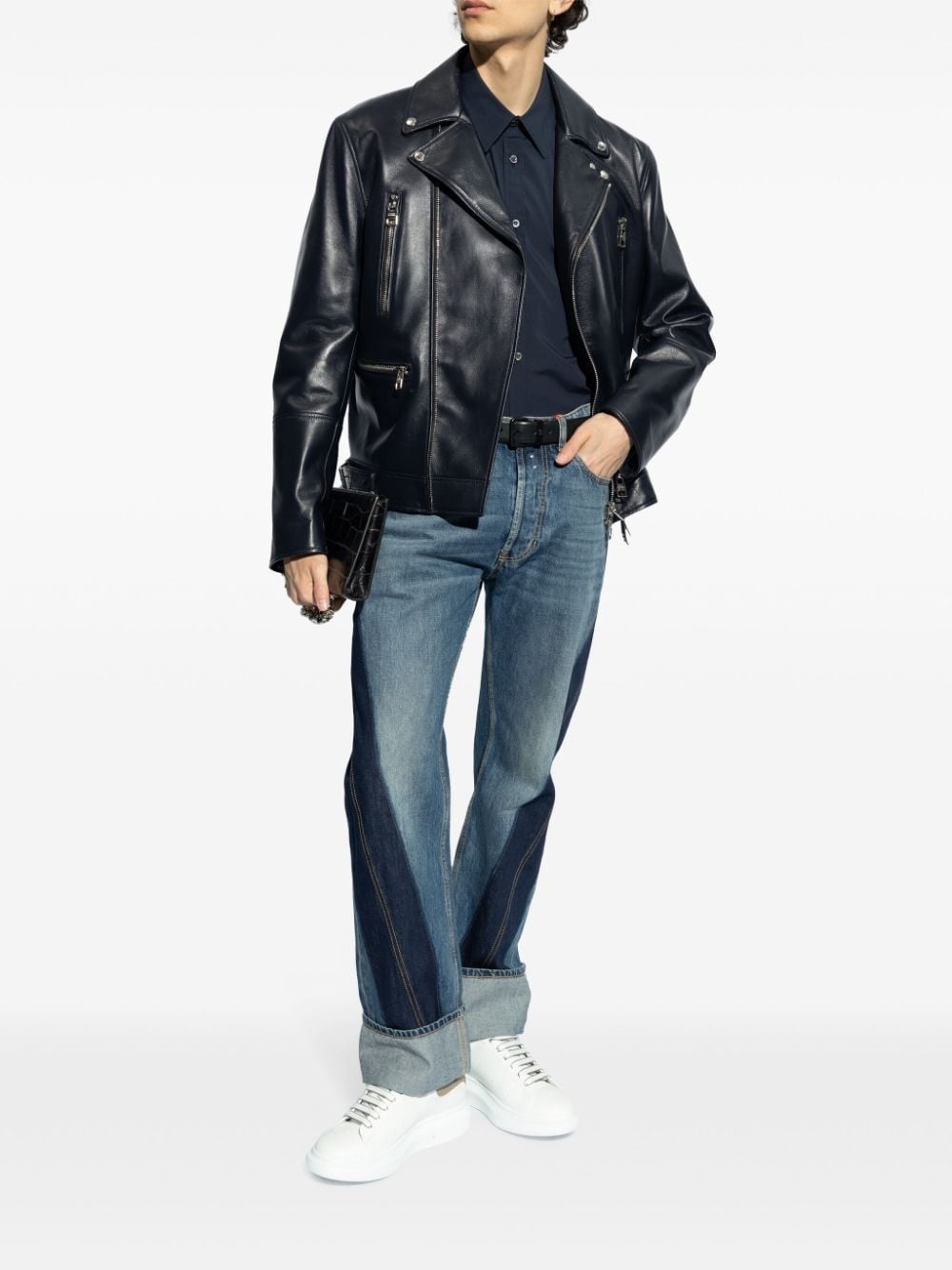 notched-lapels leather biker jacket - 2