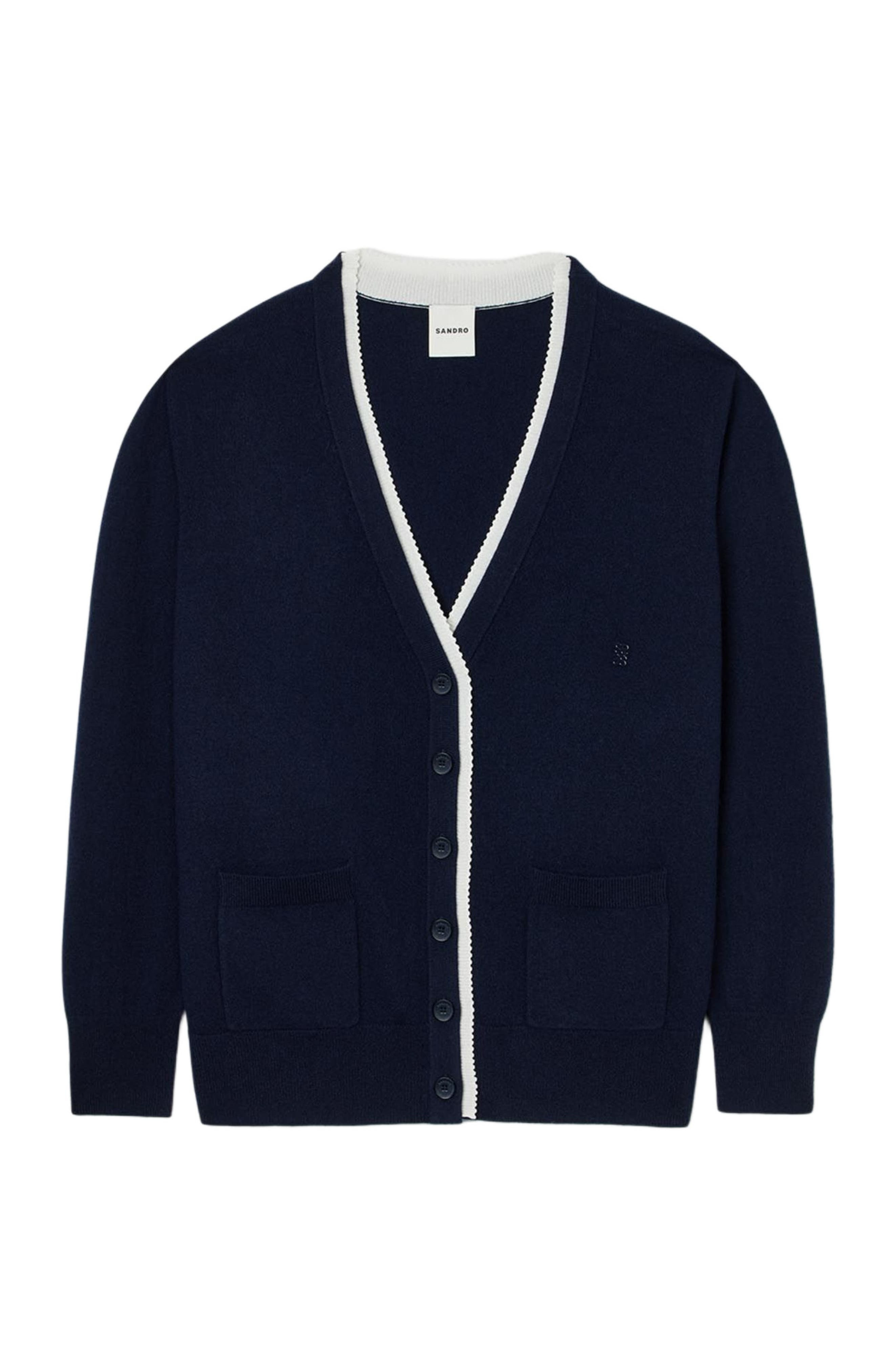 SANDRO Long two-tone cardigan in Navy Blue at Nordstrom - 6