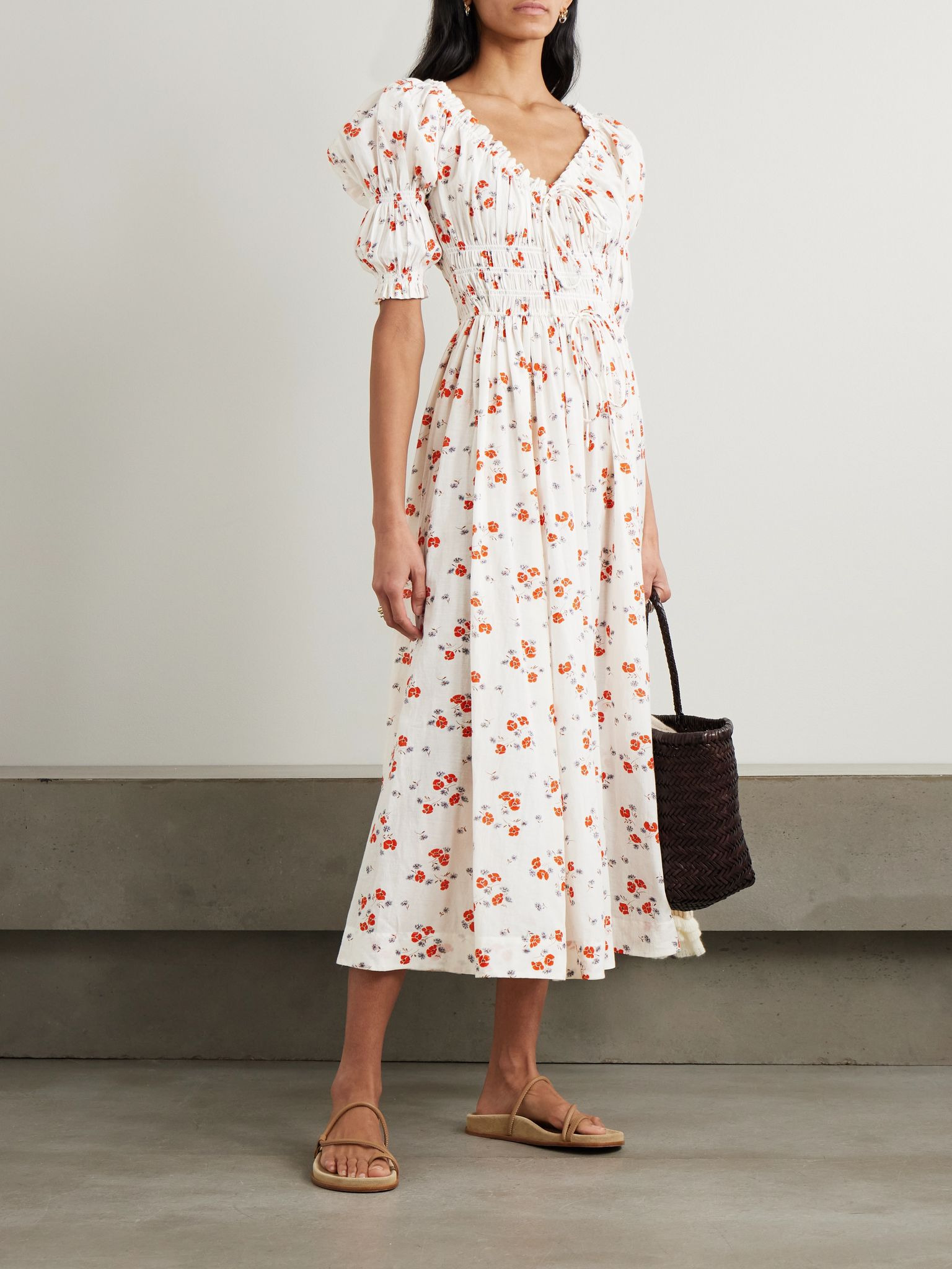 Ischia shirred floral-print organic cotton-blend voile midi dress White - 2
