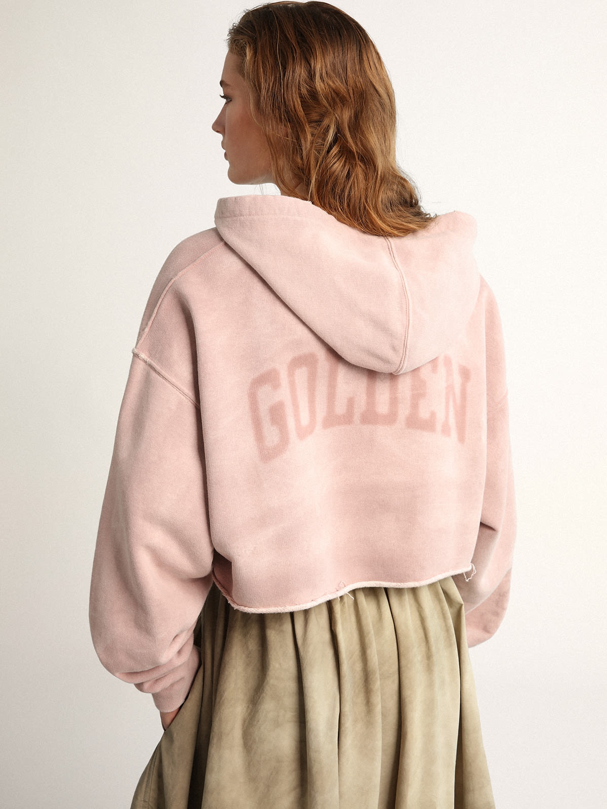 Pale mauve cropped Journey Collection hooded sweatshirt with tone-on-tone Golden lettering on the ba - 4