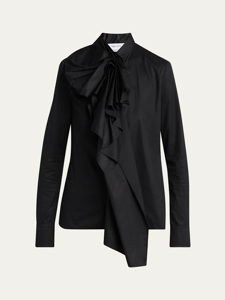 Draped Ruffle Cotton Poplin Blouse - 1