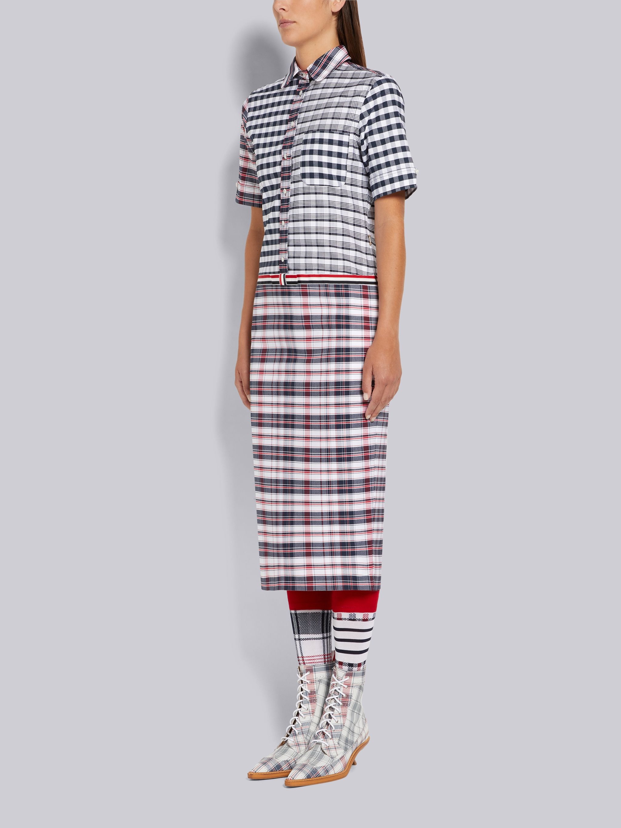 Multicolor Fun-Mix Stripe Plaid and Gingham Check Oxford Short Sleeve Below the Knee Shirtdress - 2