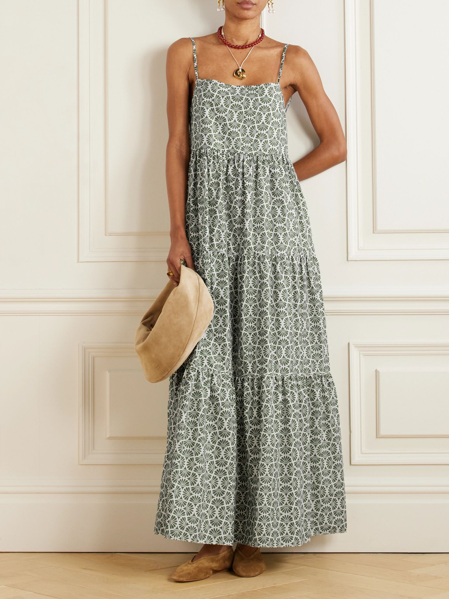 Tiered floral-print organic cotton maxi dress Green - 2