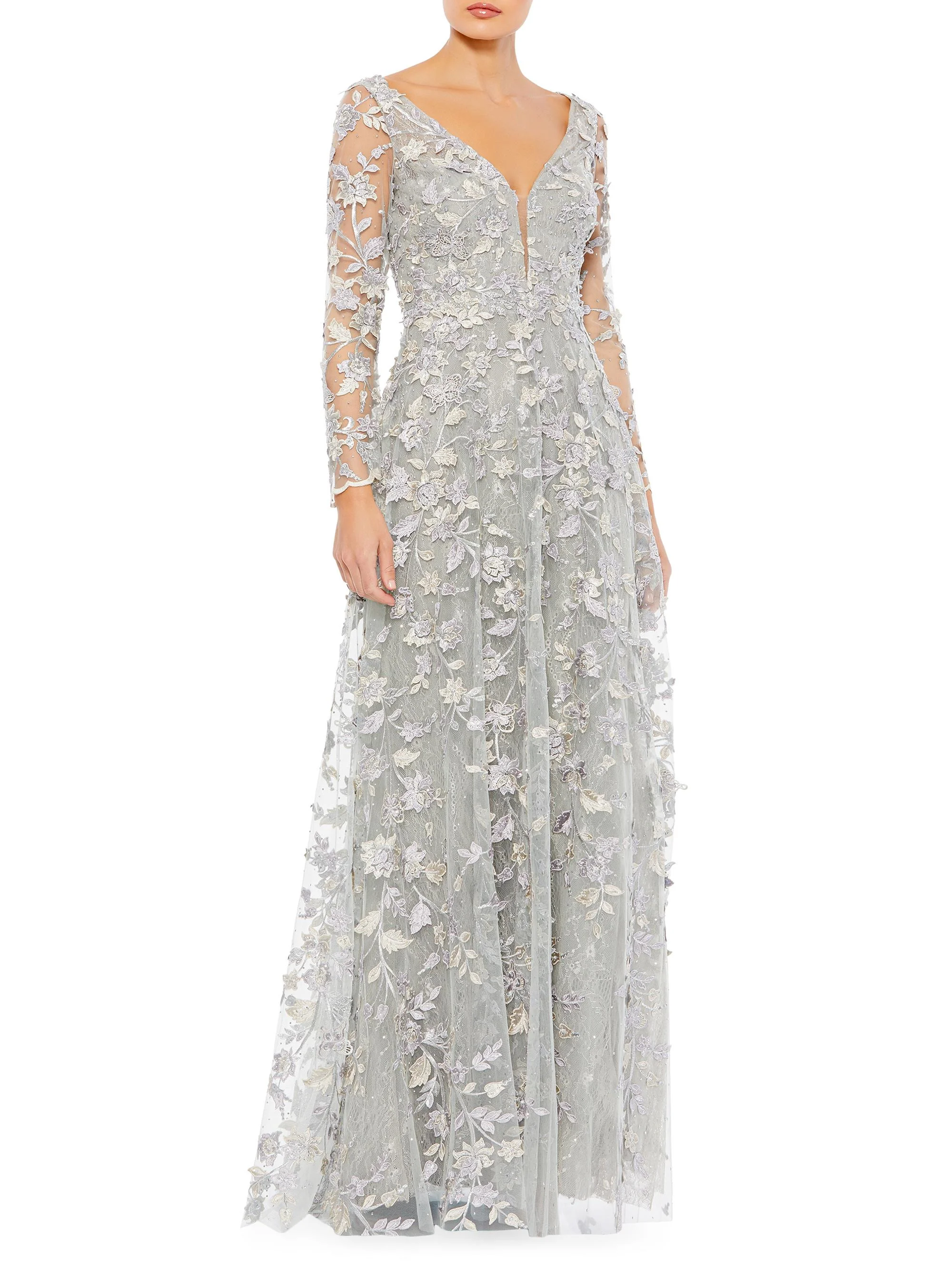 Women's 3D Floral-Embellished Lace Gown - Platinum - 1