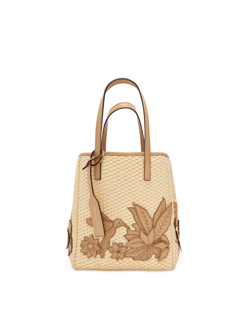 SMALL RAFFIA FLORAL APPLIQUE SQUARE TOTE 1