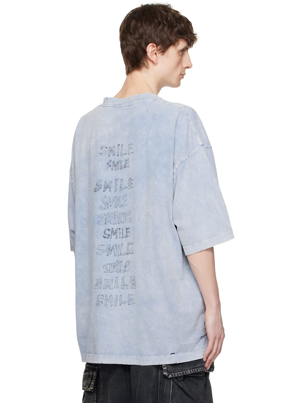 Blue Bleached Smily Face Print T-shirt - 3