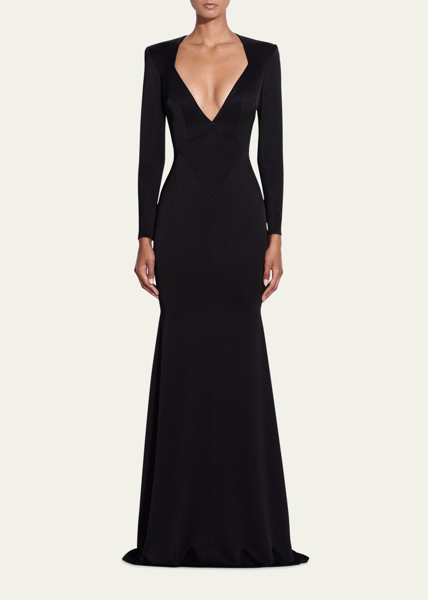 Long Sleeve Mermaid Satin Crepe Paneled Gown - 2