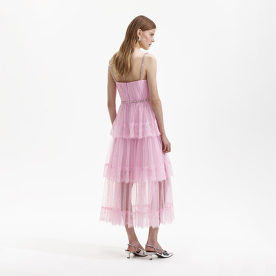 self-portrait Pink Dot Mesh Tier Midi Dress outlook
