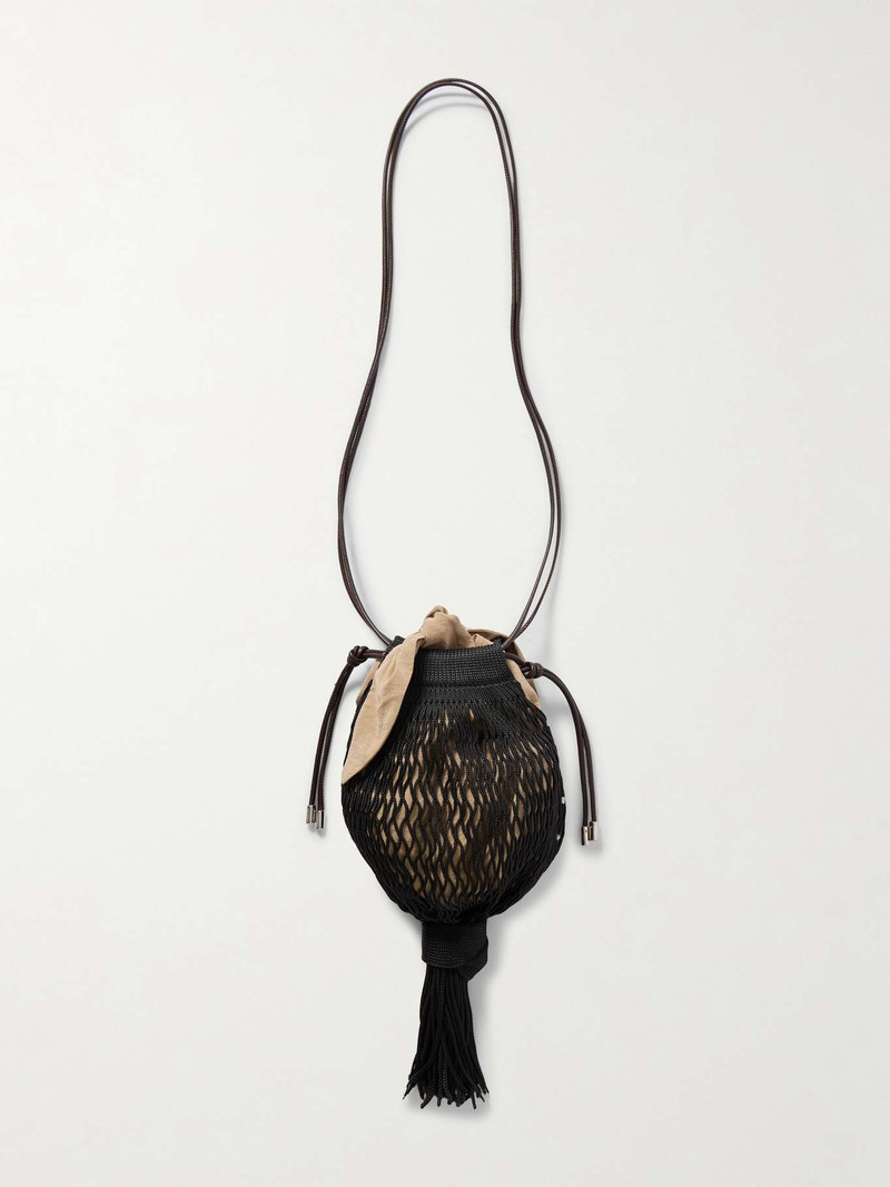 + FILT 1860 Octopus leather-trimmed tasseled macramé shoulder bag Black 3