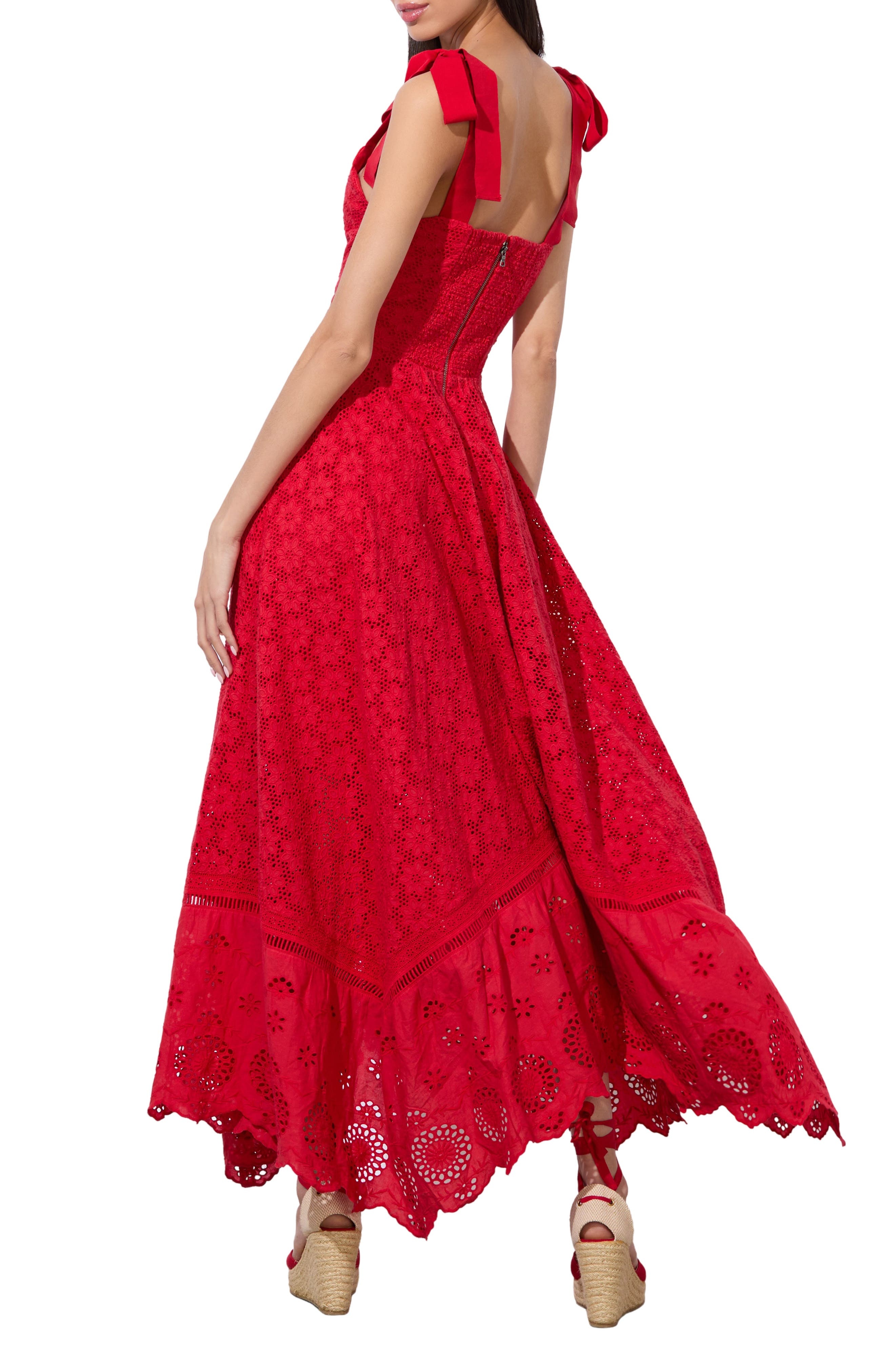 Alice + Olivia Rosalee Tie Strap Eyelet Cotton Sundress in Bright Ruby at Nordstrom - 2