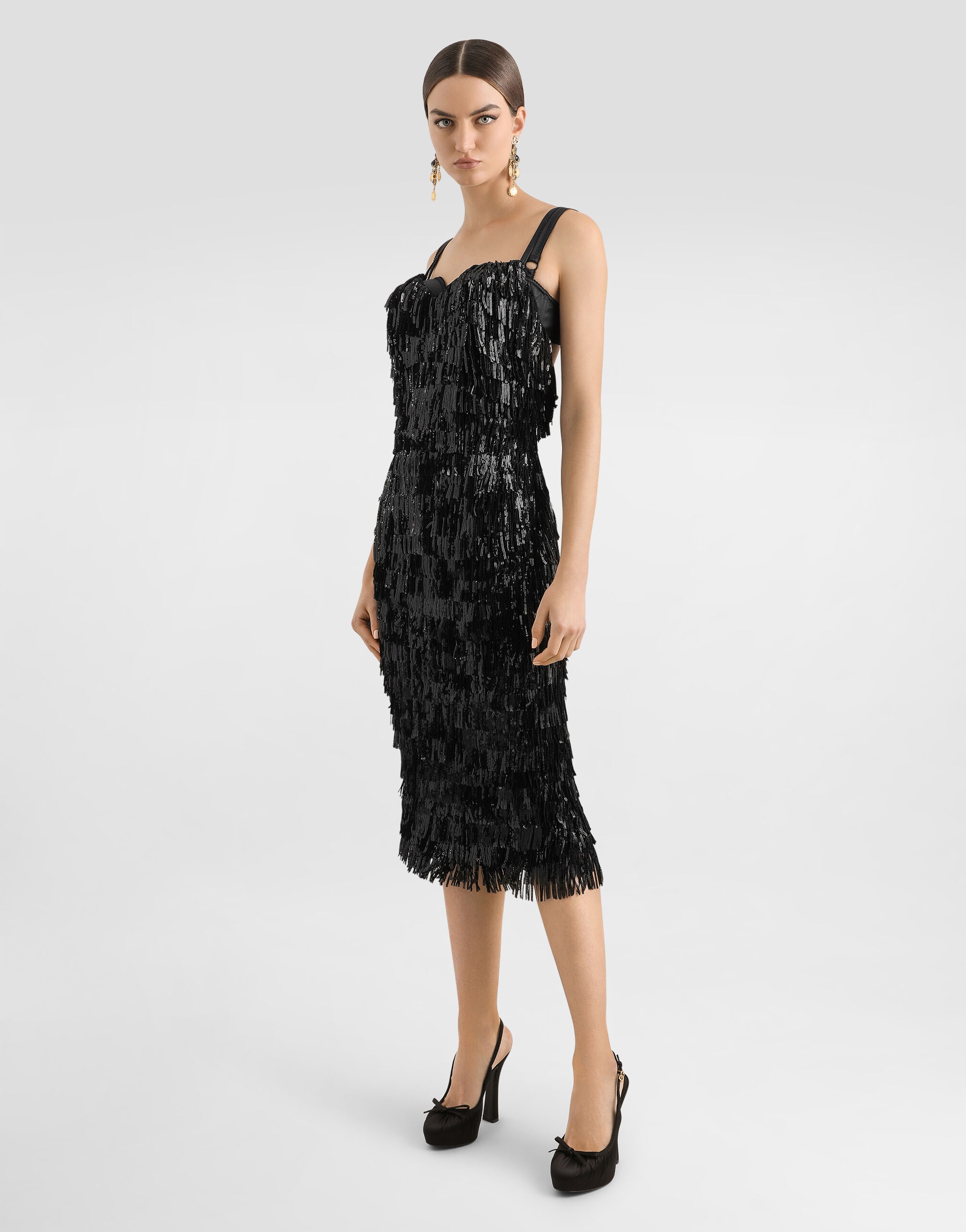Calf-length slip dress with sequined fringing - 2
