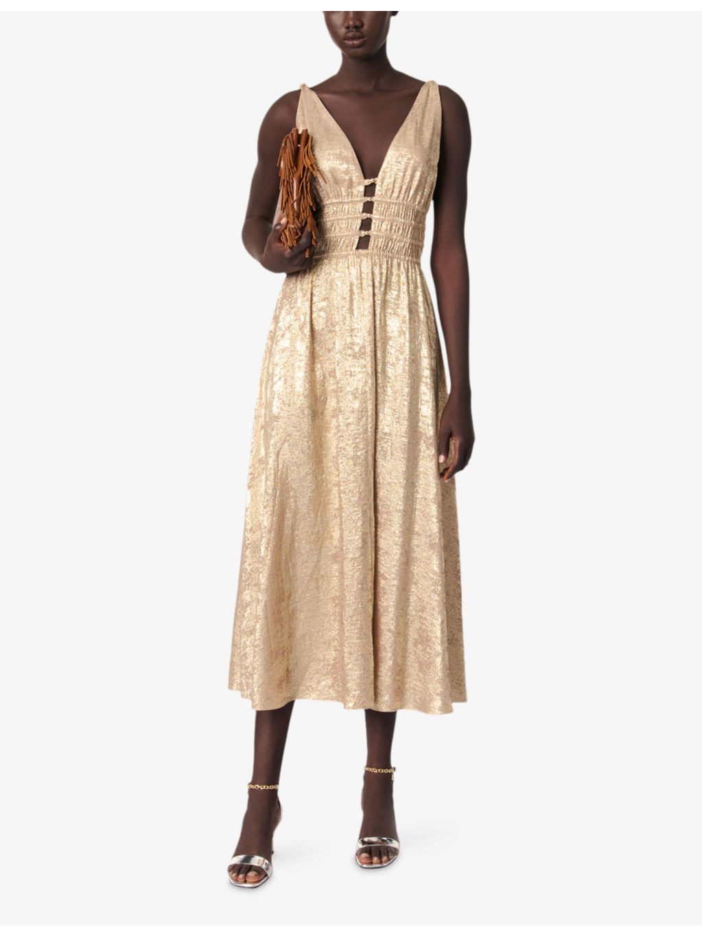 V-Neck Sleeveless Metallic Maxi Dress - 2