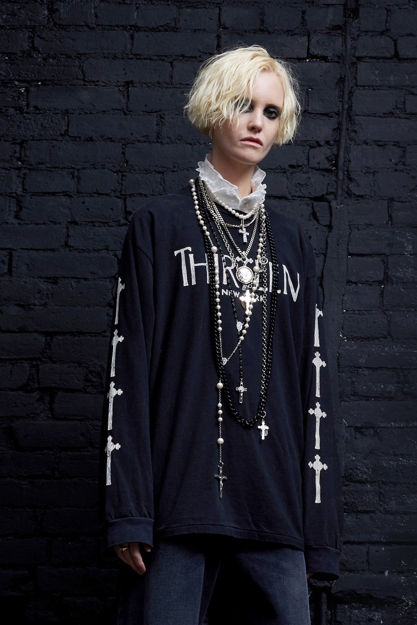 R THIRTEEN GOTHIC LONG SLEEVE TEE - BLACK - 1