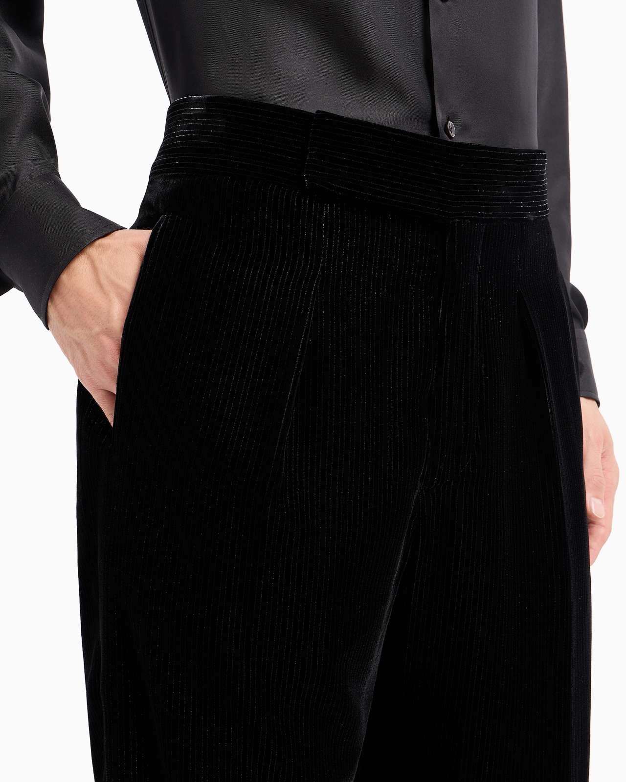 Giorgio's shiny, pinstriped velvet single-pleat trousers - 5