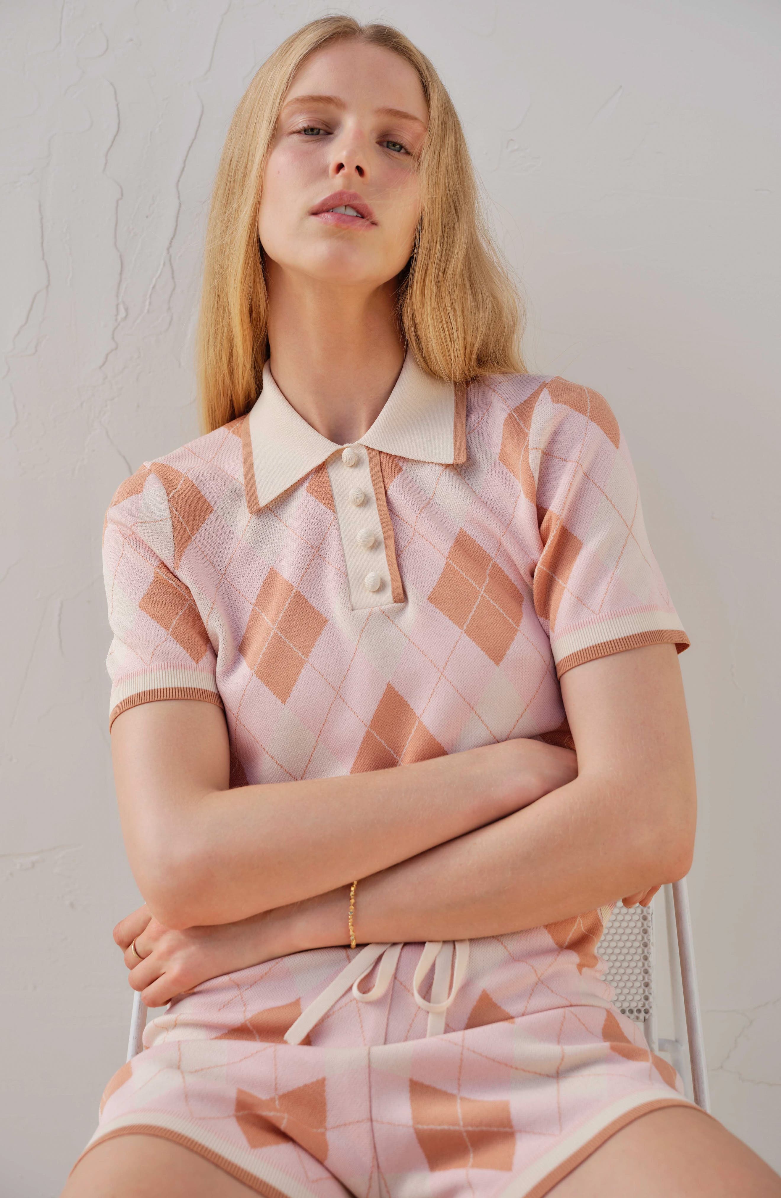 Zimmermann Acacia Argyle Piqué Knit Polo in Pink Argyle at Nordstrom - 8