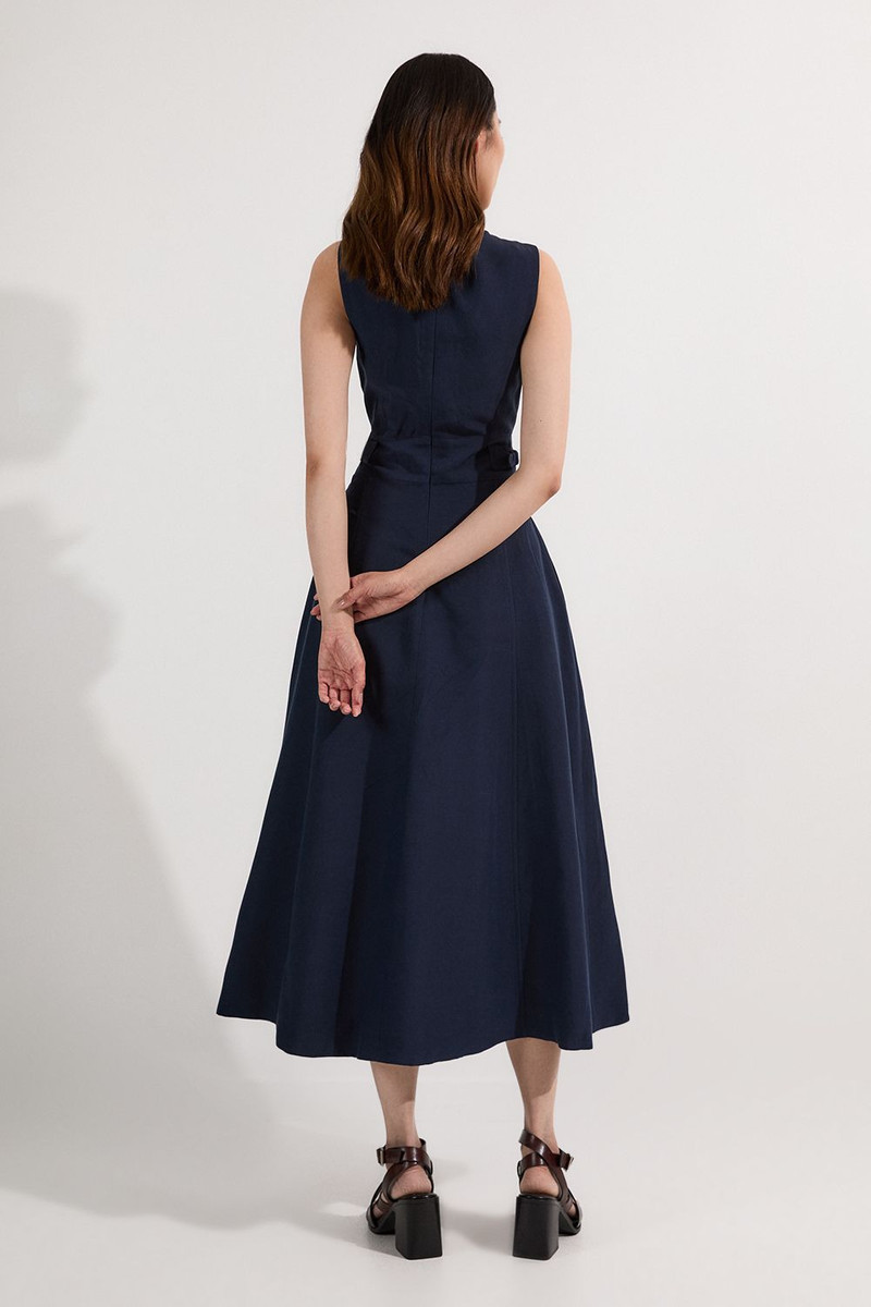 Premium Linen Tab Waist Detail Full Skirt Tailored Midi Dress 5