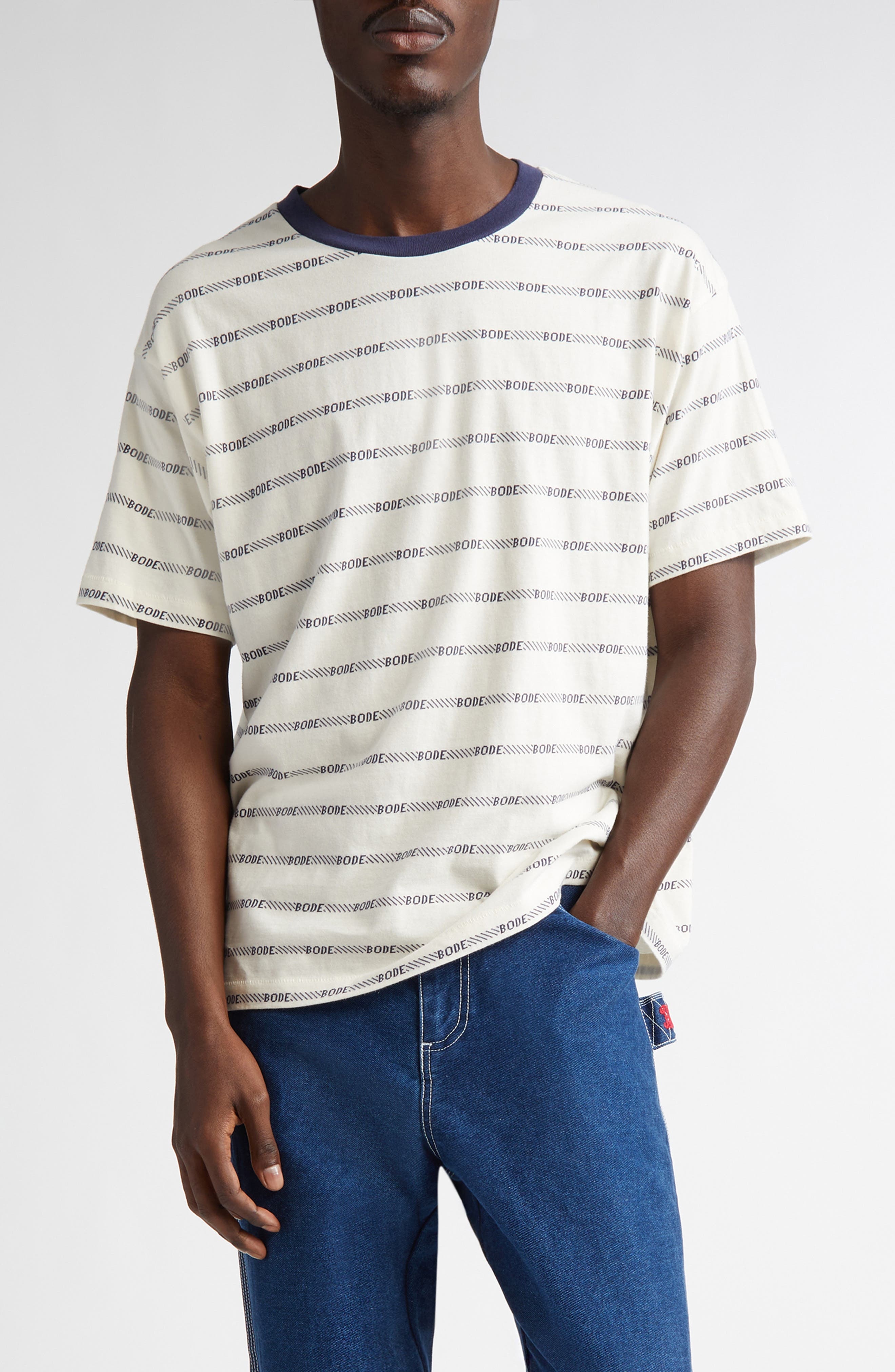 Bode Rec Jacquard Stripe Cotton Logo T-Shirt in White Multi at Nordstrom - 1