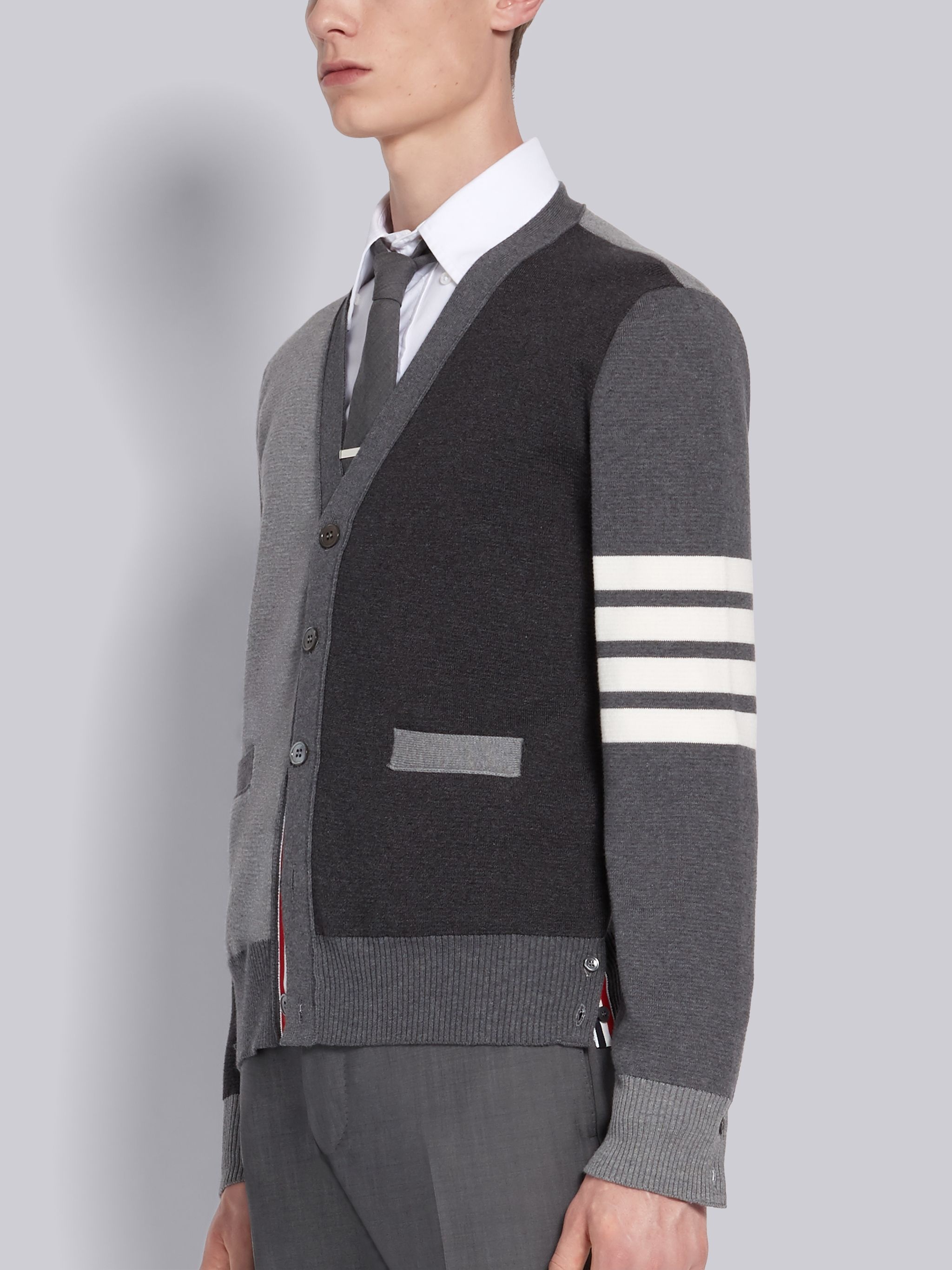 Tonal Grey Cotton V-Neck 4-Bar Cardigan - 2