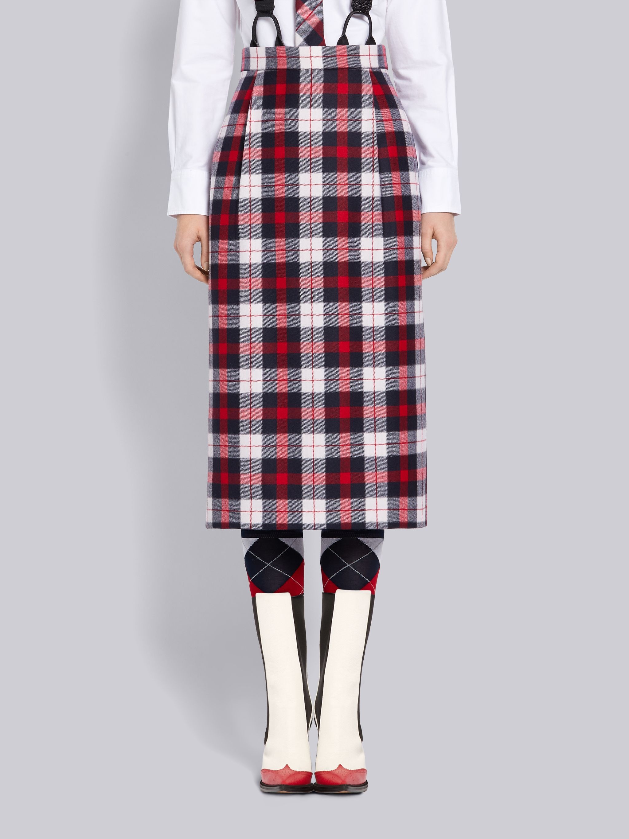 Tricolor Wool Twill Tartan Check High Waisted Pencil Skirt - 1