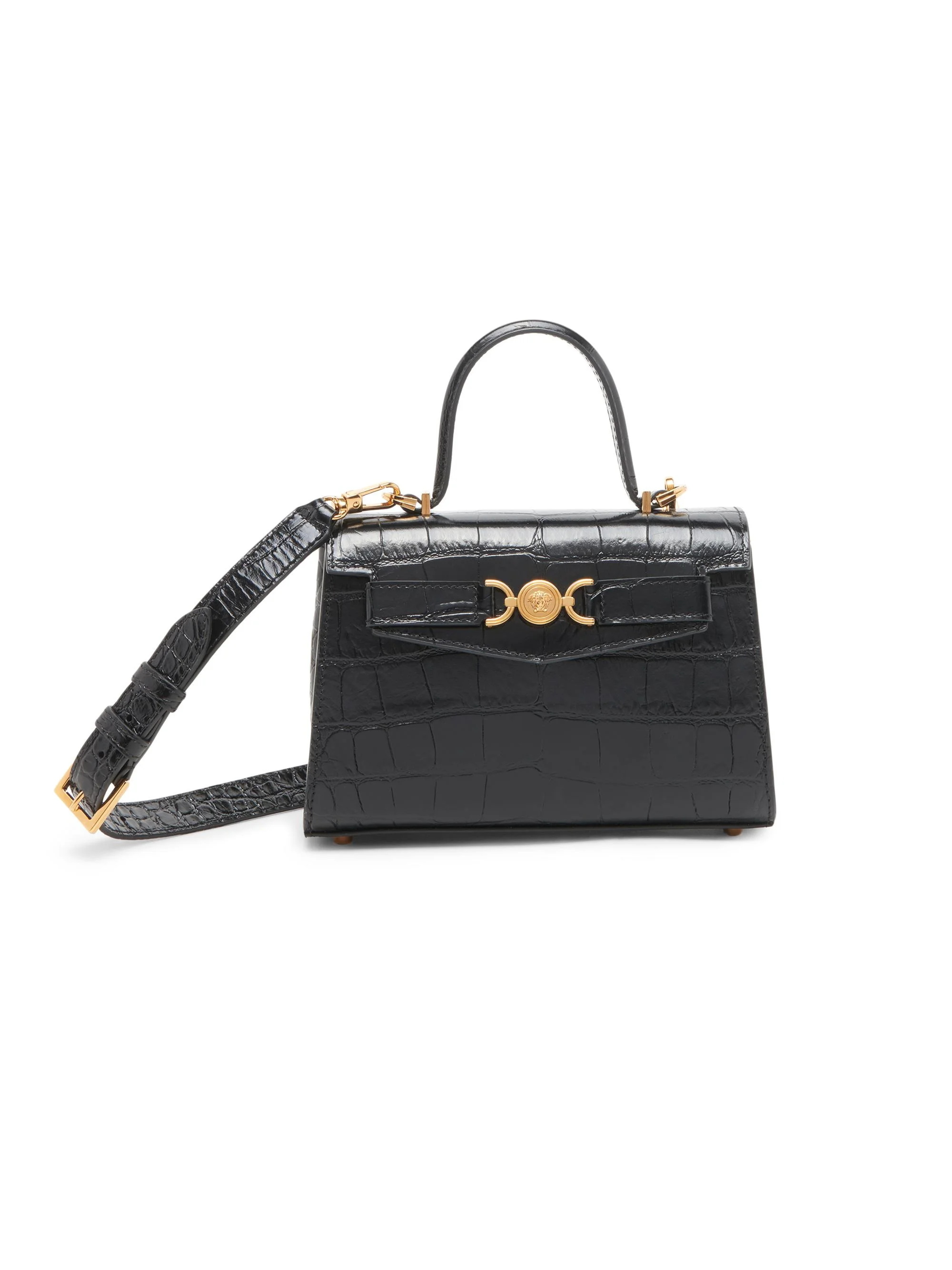 Women's Small Croc-Embossed Leather Top Handle Bag - Black Gold - 1