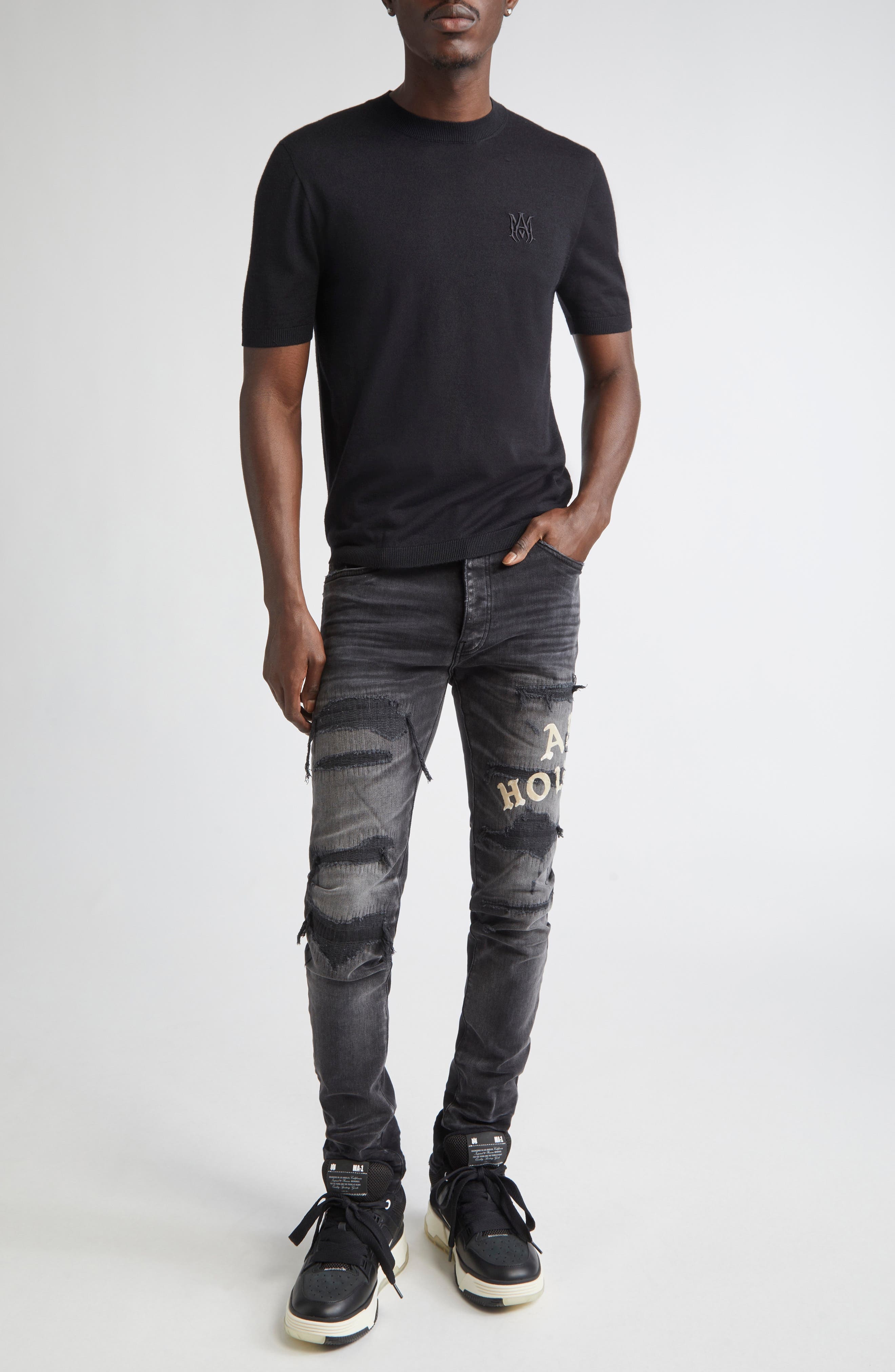 AMIRI MA Monogram Embroidered Short Sleeve Wool & Silk Sweater in Black at Nordstrom - 2