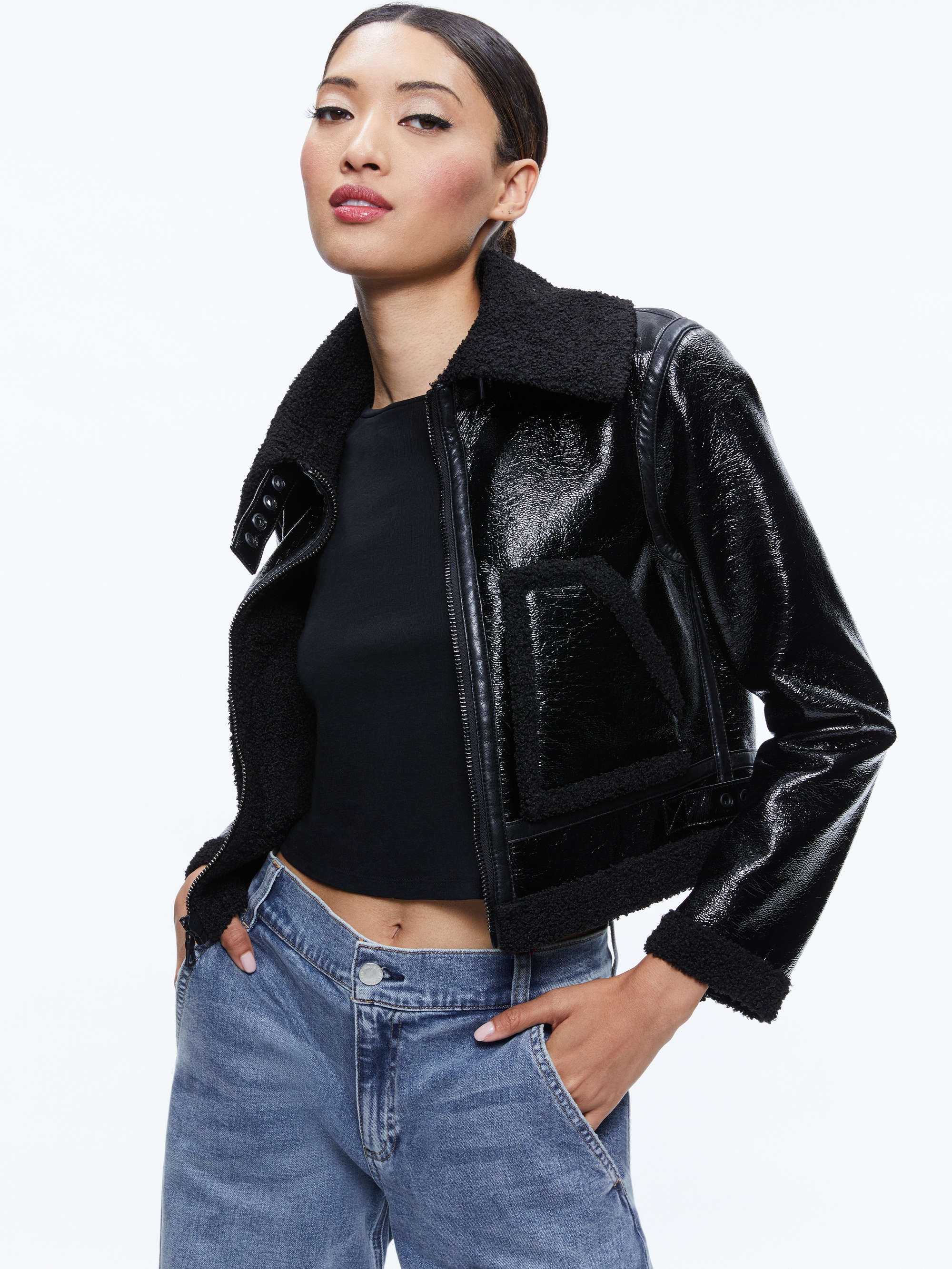 ISAIAH VEGAN LEATHER FAUX SHEARLING CROPPED JACKET - 2