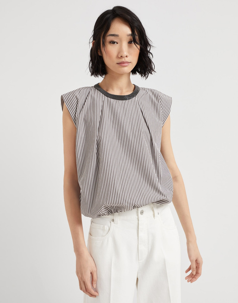Multi-stripe poplin balloon top with precious collar - 1