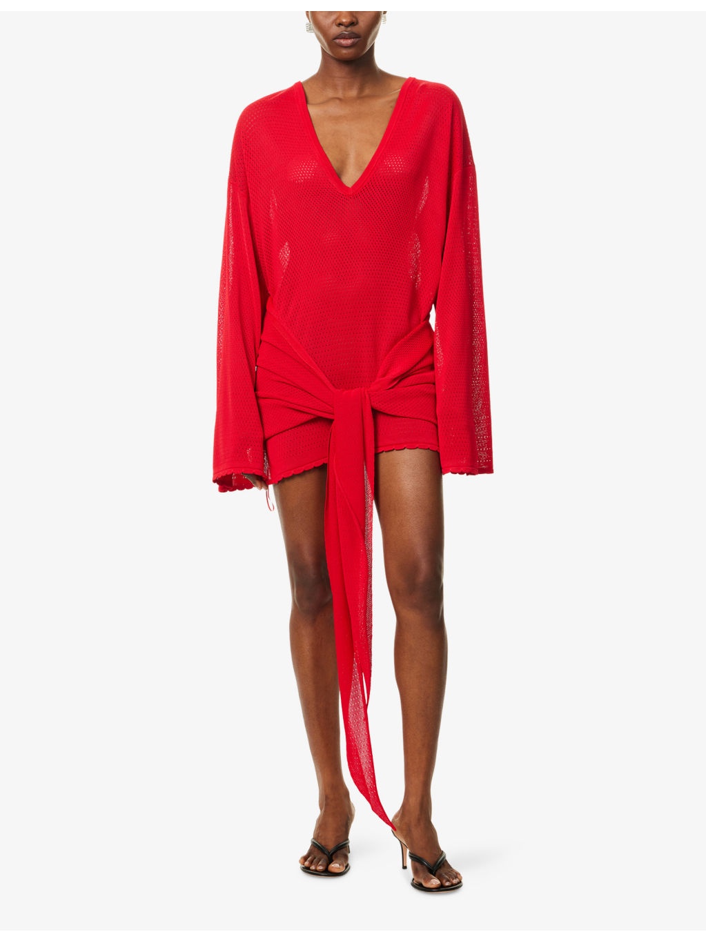 Asymmetric V-Neck Knitted Mini Dress - 3