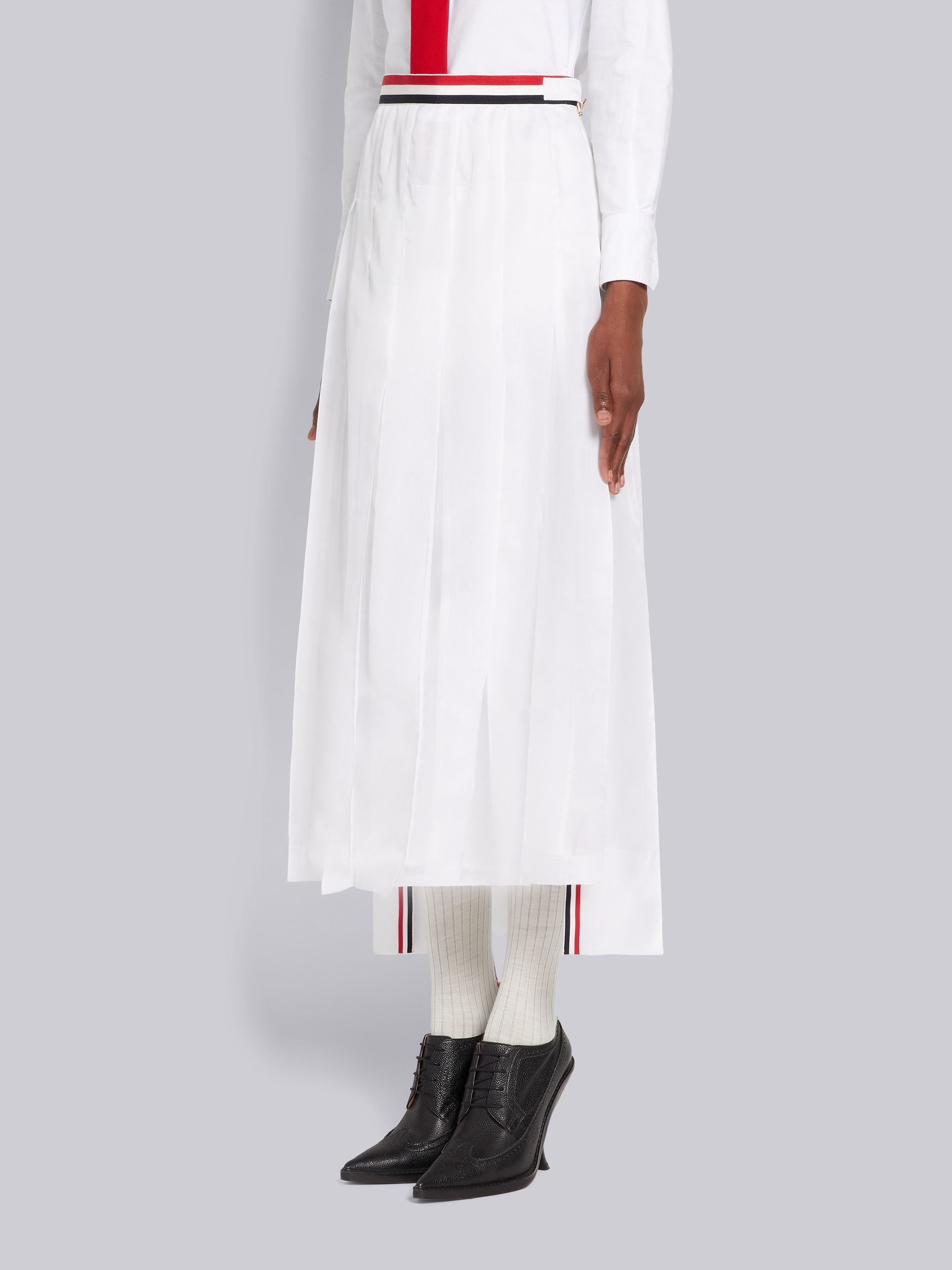 White Double Silk Organza Stripe Waistband Dropped Back Trouser Length Pleated Skirt - 2