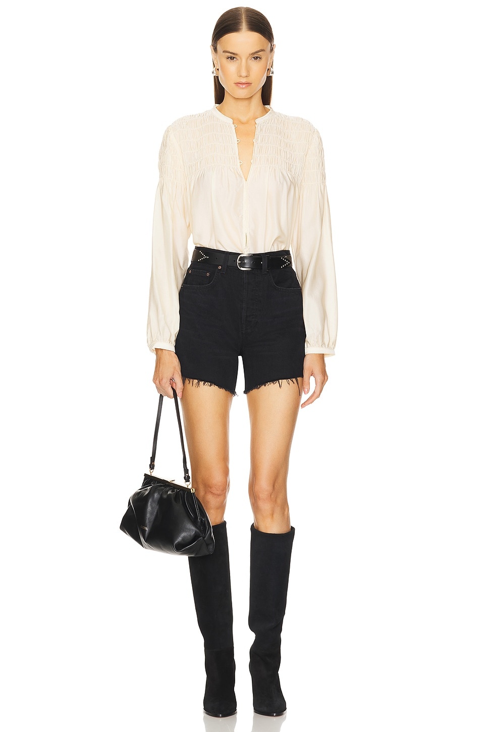 Smocked Collarless Blouse - 4