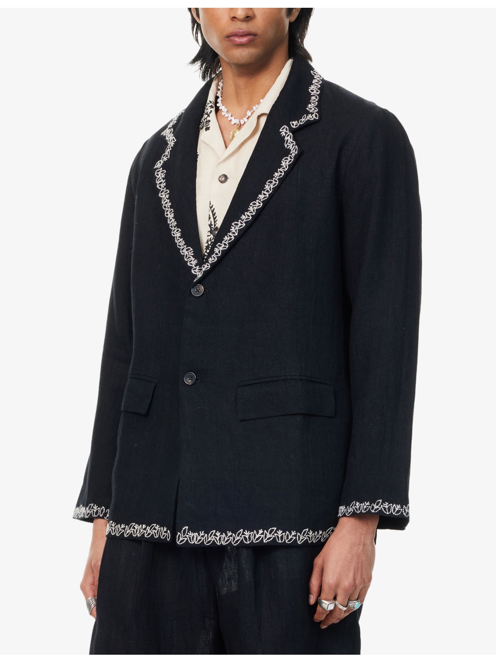 Notched-Lapel Embroidered Linen Blazer - 3