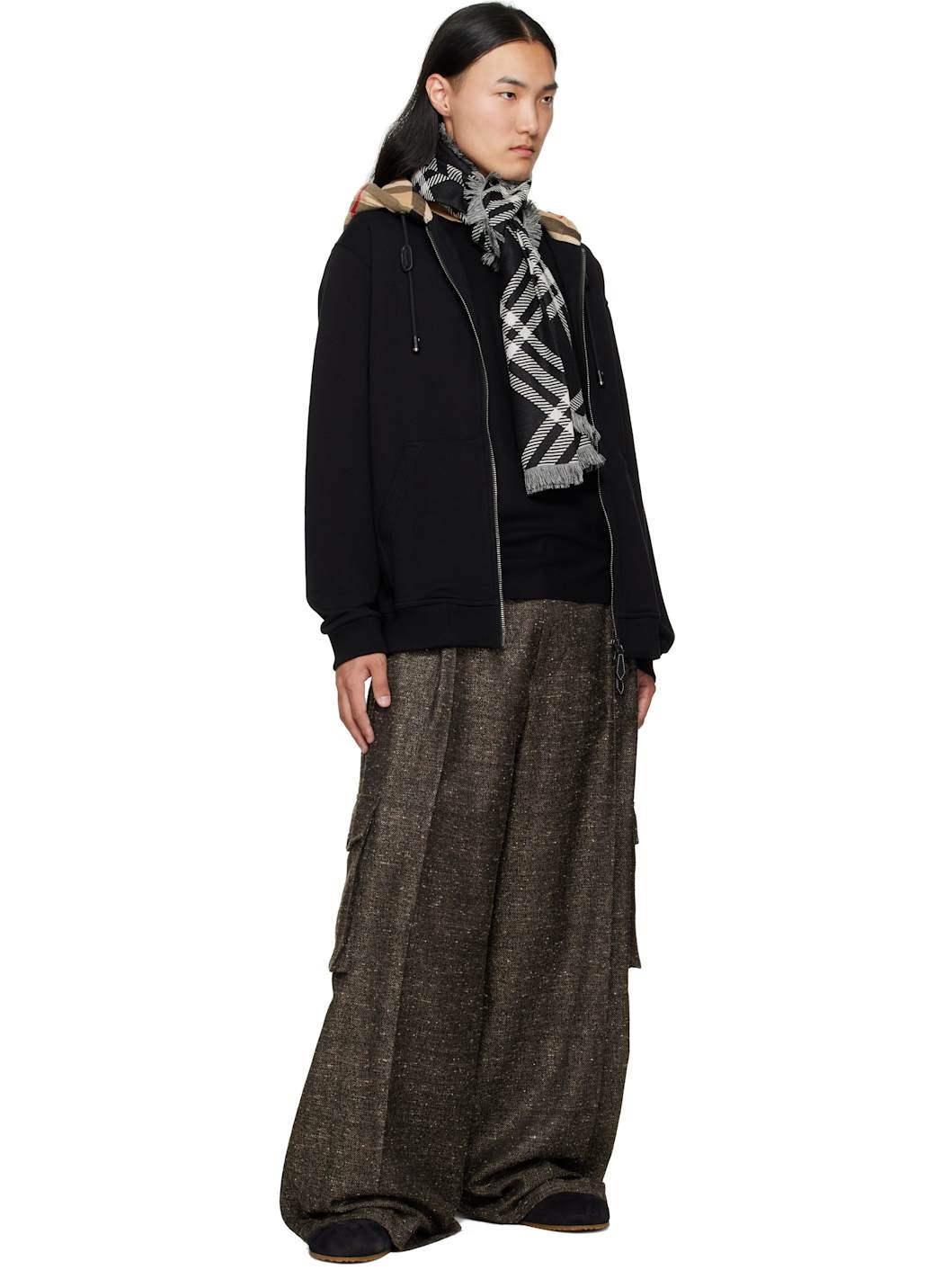 Black & White Wide Check Wool Silk Scarf - 3