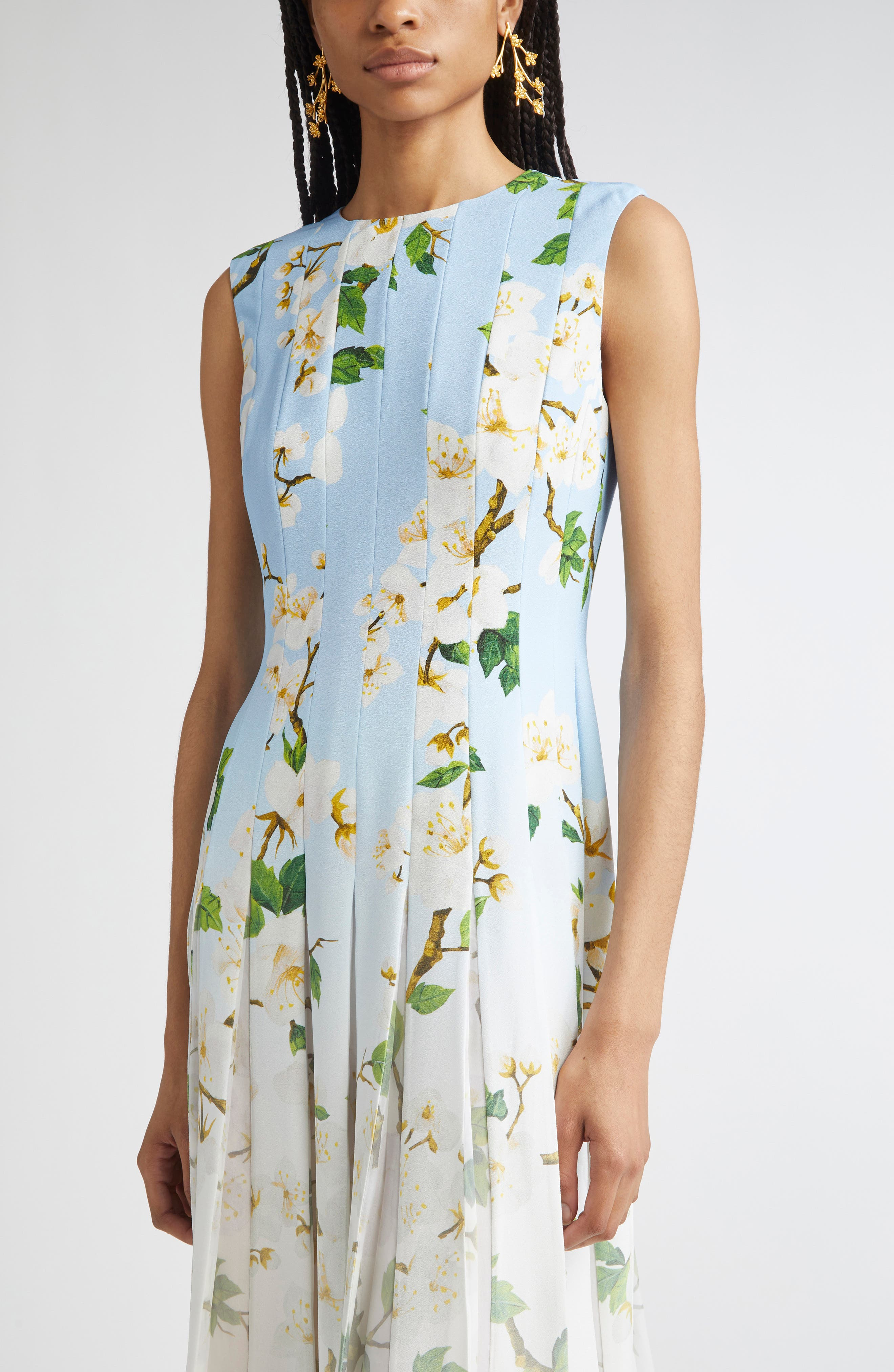 Oscar de la Renta Cherry Blossom Ombré Sleeveless Cady & Chiffon Dress in White Blue Ombre at Nordst - 4