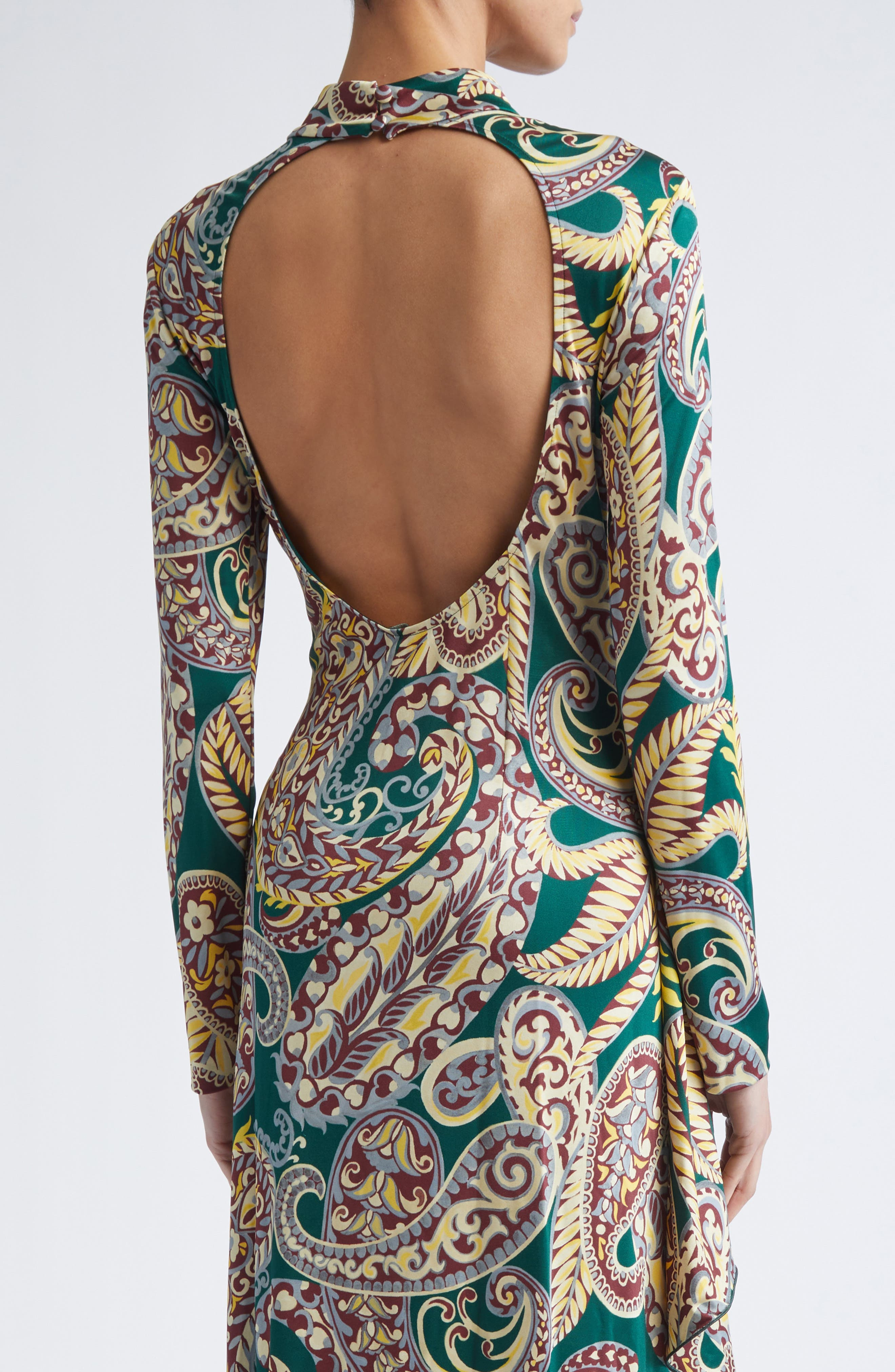Etro Paisley Long Sleeve Open Back Midi Dress in Stampa Fondo Verde at Nordstrom - 4