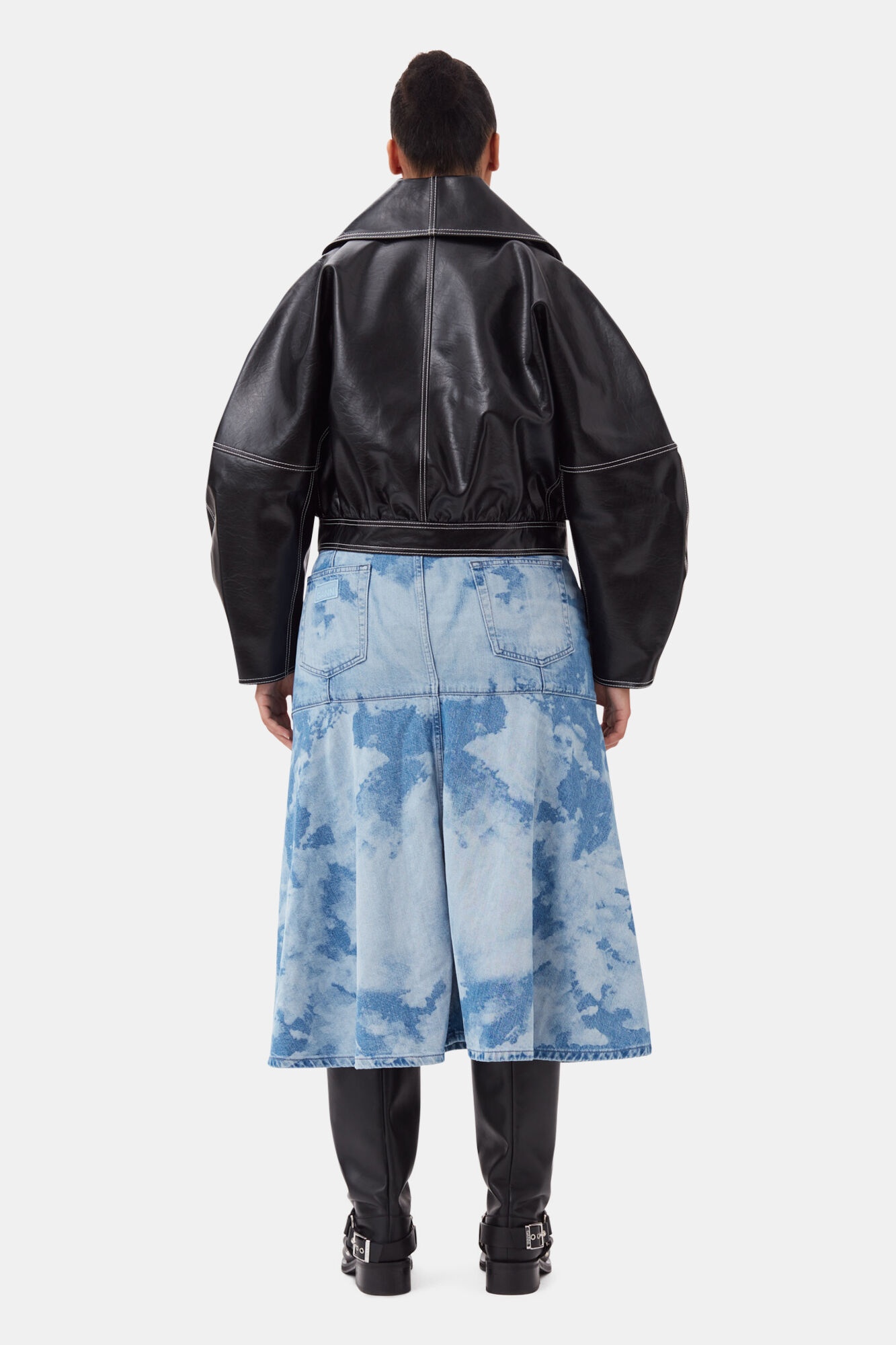 BLUE BLEACH DENIM FLOUNCE MIDI SKIRT - 8