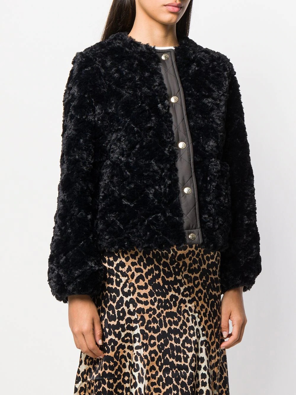 KEISS Black Eco Fur Quilted Collarless Jacket | LQ-1008 - 3