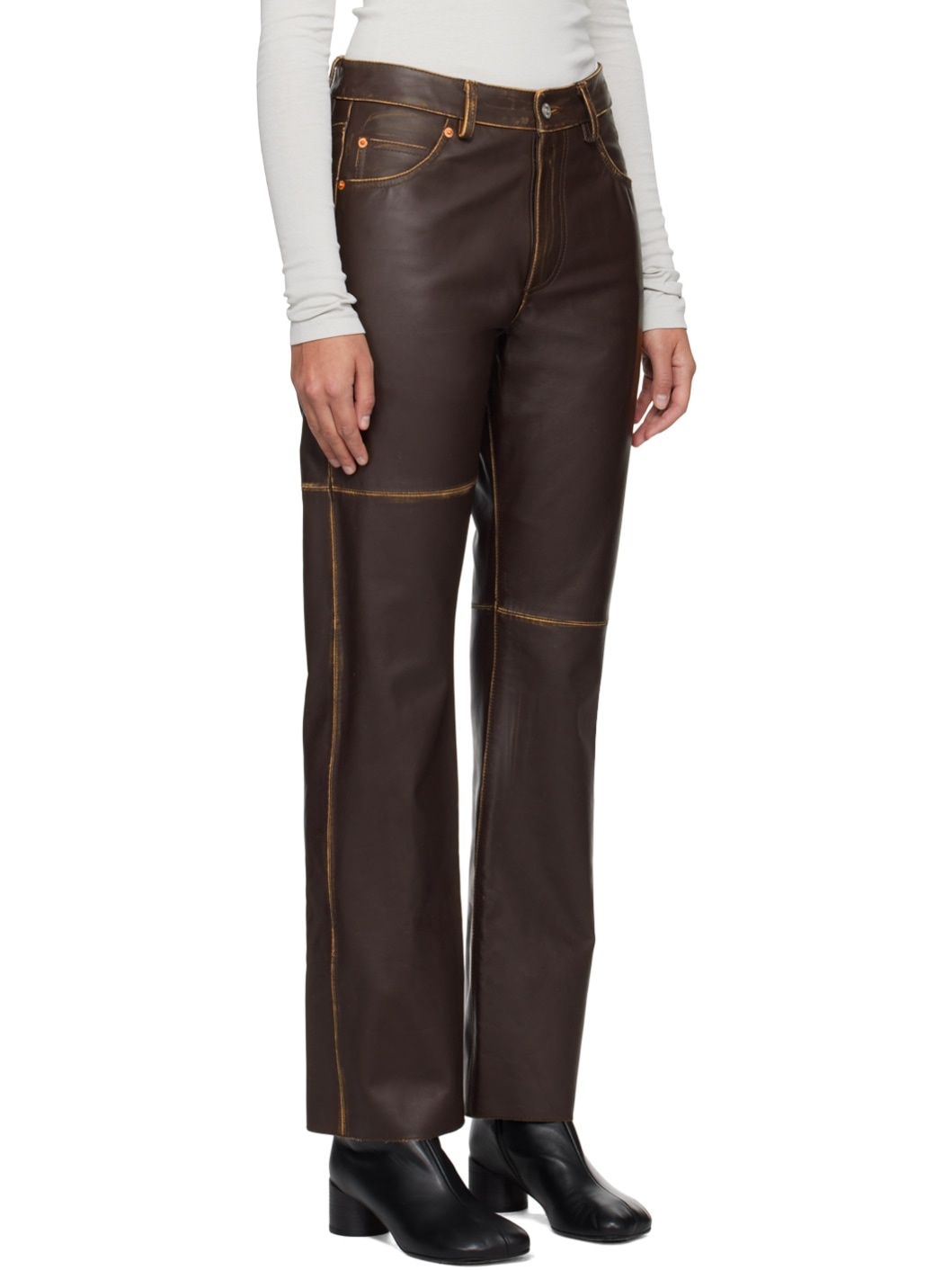 Brown Paneled Leather Pants - 2